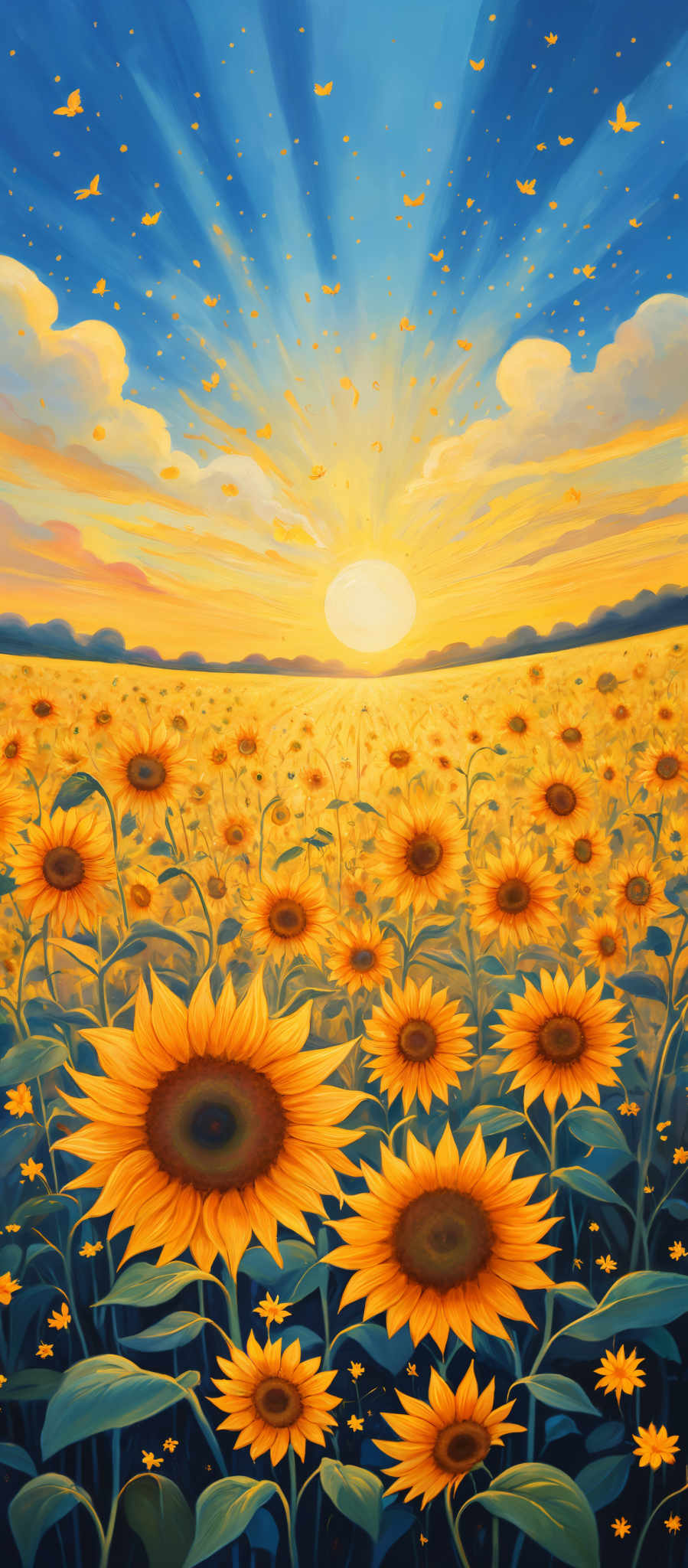 The image showcases a vibrant sunset over a vast field of sunflowers. The sky is painted in hues of blue, transitioning from a deep blue at the top to a golden yellow near the horizon. Rays of sunlight pierce through the clouds, creating a radiant display. The sun is depicted as a bright, glowing orb, casting a warm golden light over the entire scene. The field is densely packed with sunflower heads, each displaying bright yellow petals with dark brown centers. There are also smaller yellow flowers scattered throughout the field. The entire image exudes a sense of tranquility and beauty.