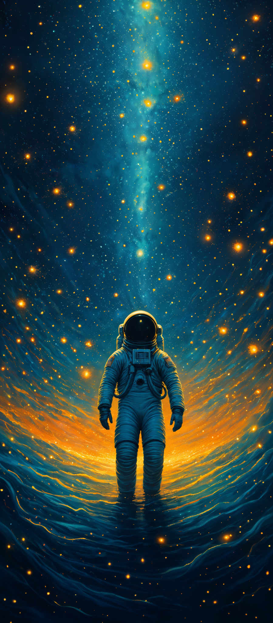 The image showcases a vast expanse of space filled with countless stars, emanating a radiant glow. The dominant colors are deep blues and vibrant oranges, creating a stark contrast. The shape is predominantly circular, with the central figure being an astronaut standing amidst this cosmic backdrop. The astronaut is detailed, wearing a spacesuit with various equipment attached, and is positioned in such a way that the viewer's perspective is from behind, looking up at the vastness of space.