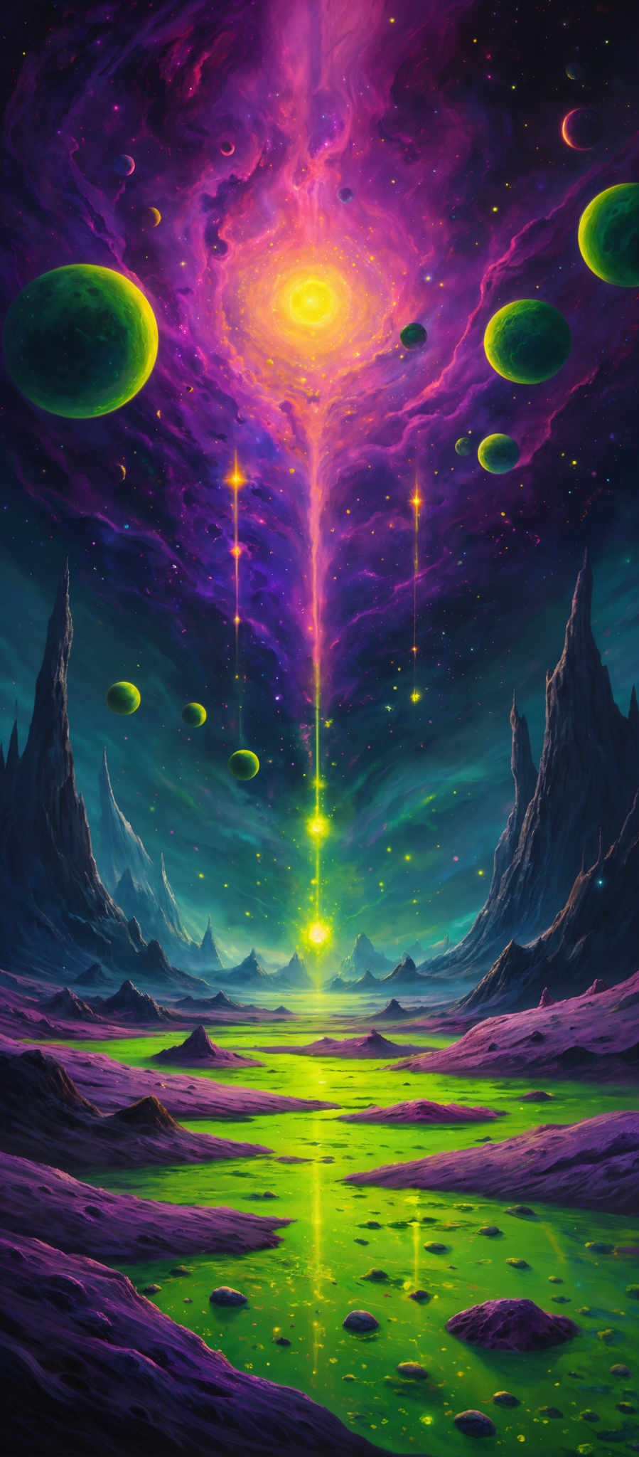 The image showcases a vibrant and mesmerizing cosmic landscape. Dominated by hues of purple, pink, and green, the sky is a swirl of nebulous clouds and radiant stars. A massive, radiant light source, possibly a star or a celestial body, emits a brilliant yellow-green glow at the center. Surrounding this are multiple greenish planets or moons of varying sizes. Below, a rugged terrain stretches out with jagged mountains and a reflective, greenish body of water. The water's surface is dotted with small, luminous objects, possibly stars or distant galaxies.