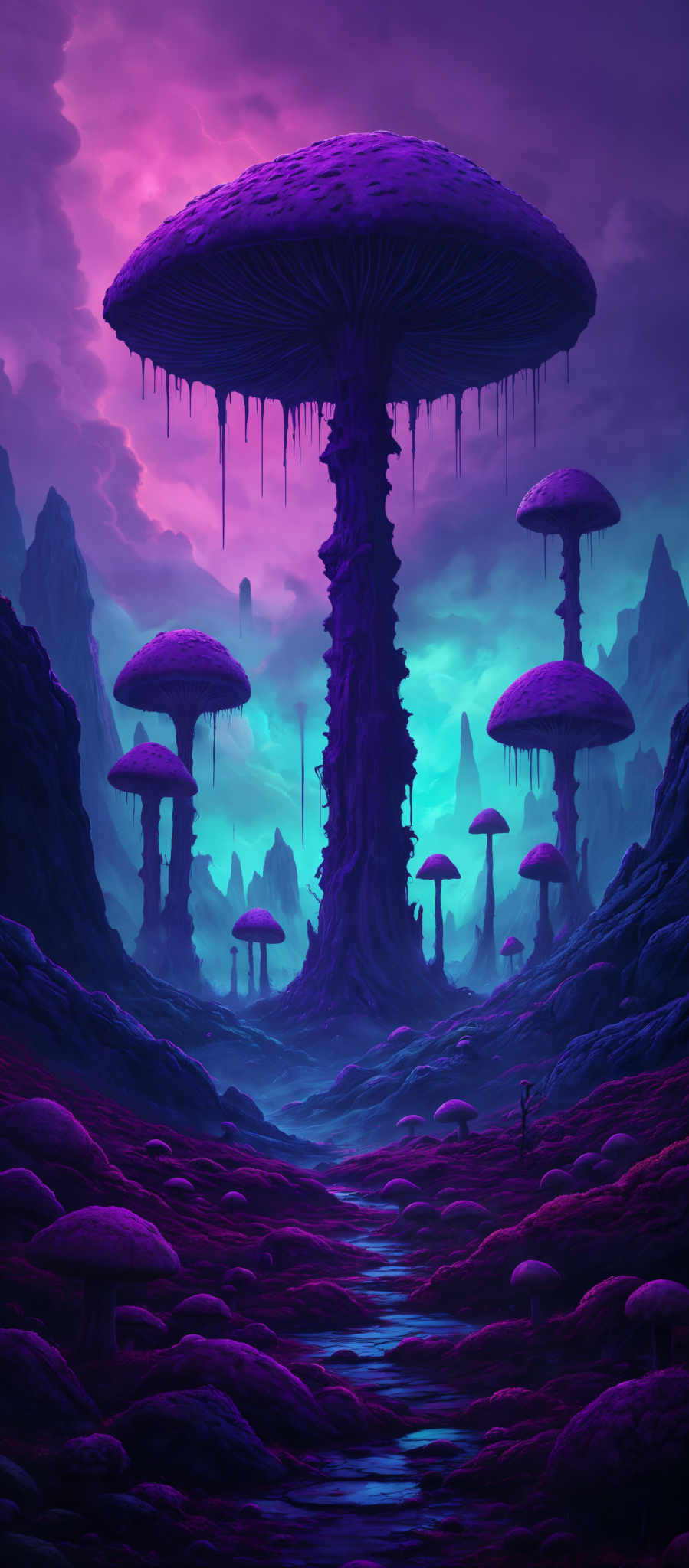 The image showcases a surreal landscape dominated by large, mushroom-like structures. These mushrooms vary in size and are characterized by their umbrella-like caps and elongated stems. The color palette is predominantly shades of purple, pink, and blue, creating a dreamy and otherworldly atmosphere. The sky is painted in hues of pink and blue with hints of lightning, suggesting an impending storm. The ground is covered in what appears to be a carpet of mushrooms, and there's a winding river or stream reflecting the colors of the sky.