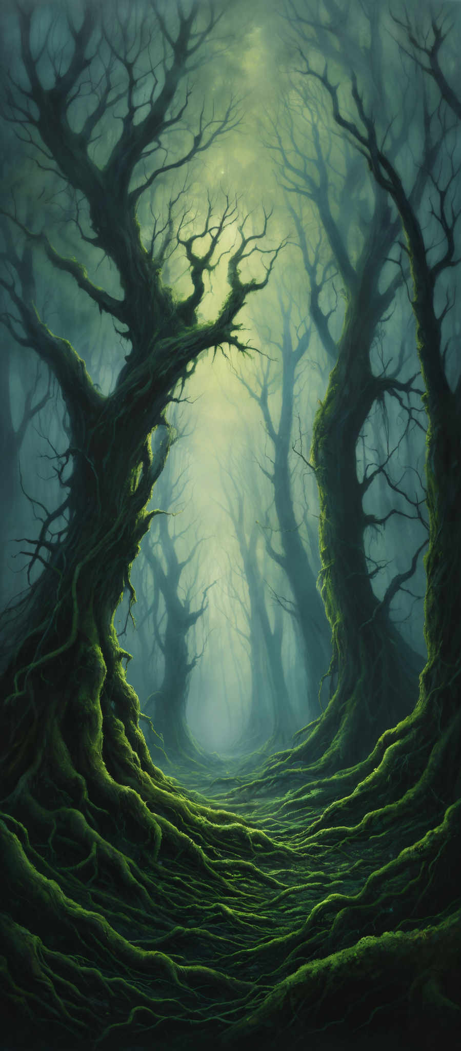 The image showcases a mystical and dense forest with twisted and gnarled trees. The trees have a dark, almost black hue with intricate and sprawling branches. The ground is covered with moss-covered roots and stones, giving it a rugged and ancient appearance. The atmosphere is filled with a soft, ethereal light that filters through the trees, creating a hazy and dreamy effect. The color palette is dominated by shades of green, gray, and black, with a touch of yellowish-green light in the background, suggesting a source of light or perhaps a sunrise or sunset.