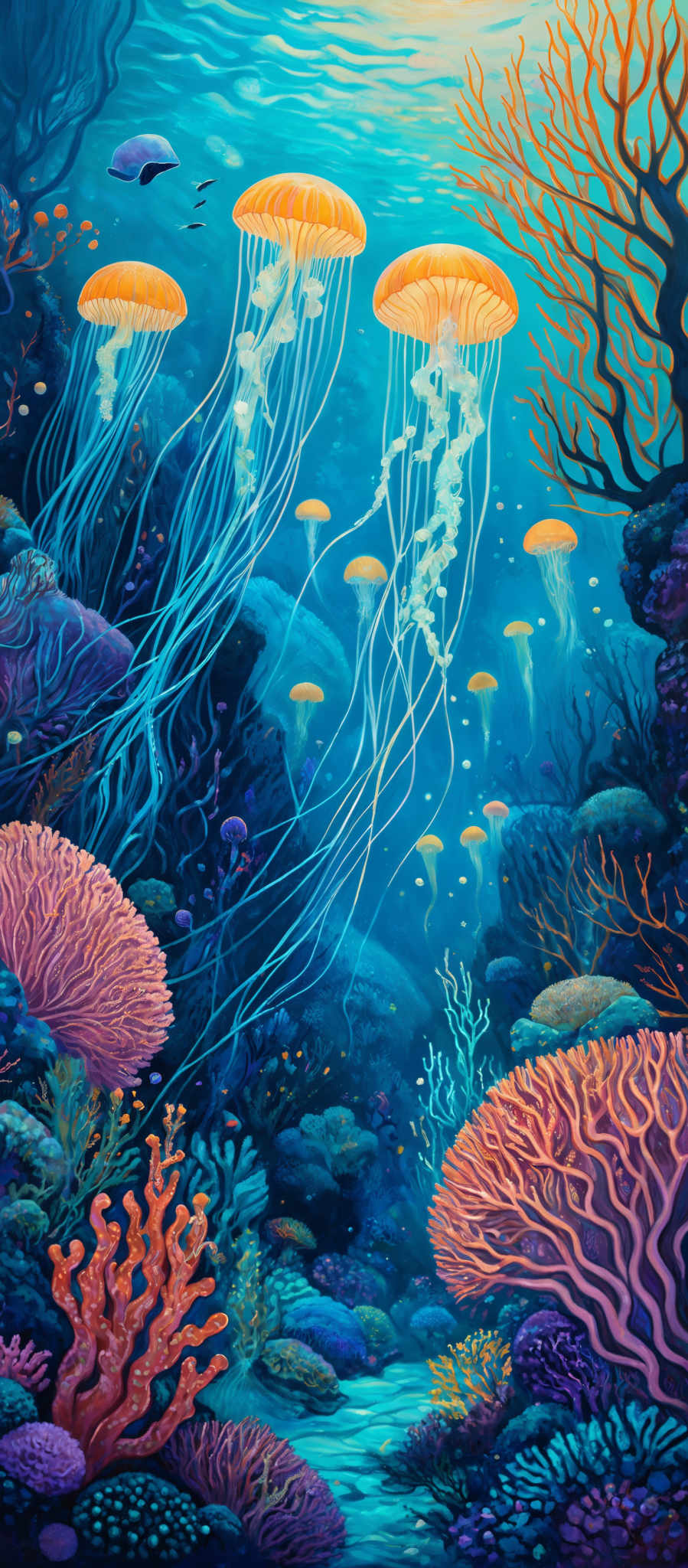 The image showcases a vibrant underwater scene. The dominant colors are shades of blue, representing the vastness of the ocean, interspersed with hues of pink, purple, and orange, depicting the coral reefs and marine life. The shape of the image is reminiscent of a seascape, with jellyfish floating gracefully in the water, surrounded by various types of corals and marine plants. The intricate details of the corals, the flowing tentacles of the jelly fish, and the play of light and shadow create a mesmerizing and dreamlike atmosphere.