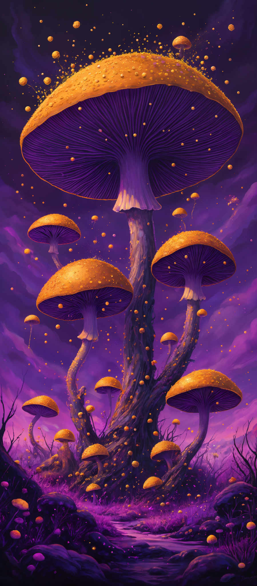 The image showcases a vibrant and surreal landscape dominated by large, vividly colored mushrooms. The mushroom caps are a striking shade of orange with golden speckles, while the stems are deep purple. The background is a mesmerizing blend of purples and pinks, suggesting a twilight or magical setting. The sky is dotted with smaller, luminous mushroots, and the ground is carpeted with a mix of mushromes and otherworldly flora.