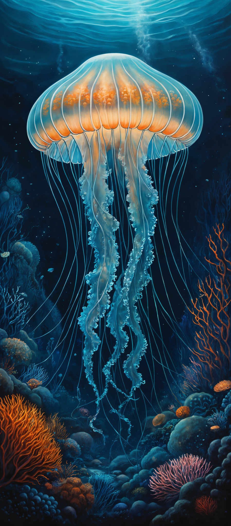 The image showcases a large, translucent jellyfish floating above a vibrant underwater seascape. The jelly fish has a dome-shaped top with delicate, ribbed edges. Its underside is adorned with clusters of colorful, luminescent orbs. The seascaped background is teeming with various marine life, including corals in shades of orange, blue, and pink, as well as smaller fish swimming about. The water is depicted in deep blue hues, with light filtering from above, creating a serene and mesmerizing atmosphere.