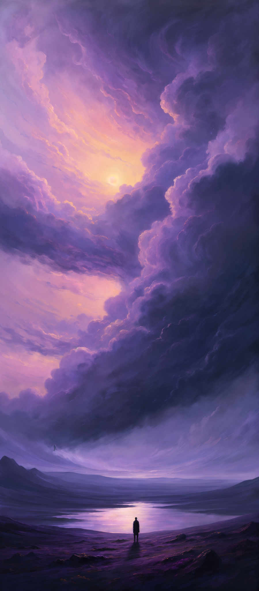 The image showcases a vast expanse of a cloudy sky with hues of purple, pink, and a hint of orange. The clouds are intricately detailed, with some appearing fluffy and others more stormy. A radiant sun or moon is visible, casting a soft glow on the clouds. Below the sky, there's a serene landscape with a calm body of water reflecting the colors of the sky. On the shore, there are silhouettes of what appear to be mountains or hills. In the foreground, a solitary figure stands, looking out towards the horizon, adding a sense of scale and contemplation to the scene.