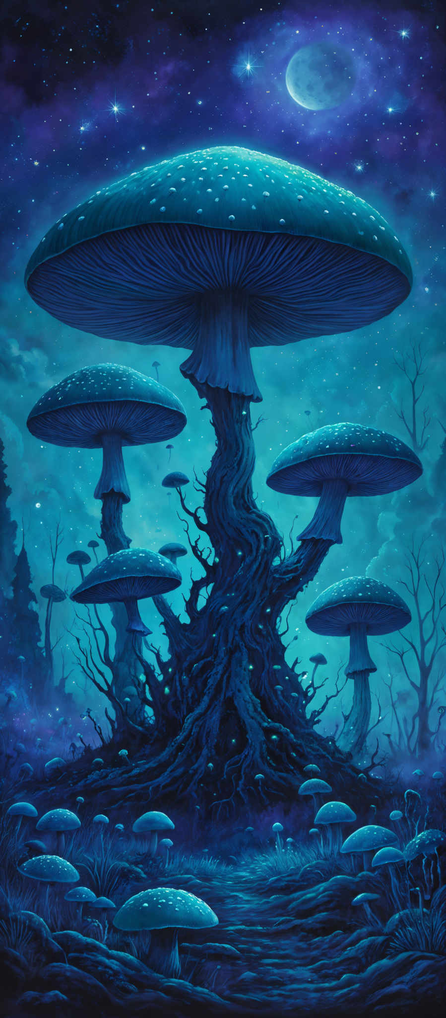 The image showcases a surreal and mystical landscape dominated by large, mushroom-like structures. These mushrooms have a vibrant blue hue with white spots, reminiscent of the patterns found on certain types of mushrooms in nature. The stems of these mushromes are twisted and gnarled, giving them an ancient and wise appearance. The background is a deep blue, suggesting either a night sky or an enchanted forest. There are smaller mushroid structures scattered throughout the foreground, and a serene body of water reflects the luminescence of the mushrows. The entire scene is illuminated by a soft, ethereal light, creating a dreamlike atmosphere.