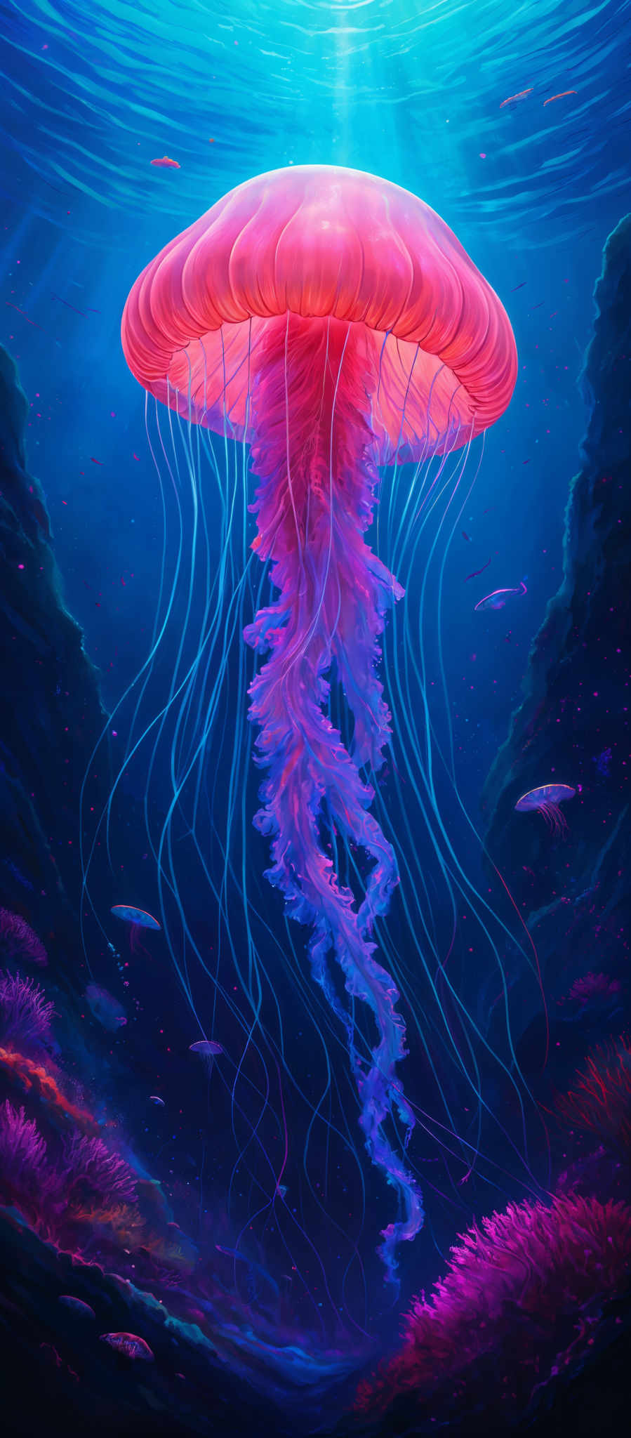 The image showcases a vibrant underwater scene. The dominant color is a deep blue, representing the vastness of the ocean. A large, translucent jellyfish with a pinkish hue floats gracefully in the center, its delicate tentacles trailing downwards. The ocean floor is adorned with various marine plants and corals in shades of purple, pink, and green. Small fish can be seen swimming around the jelly fish and the corals. Above the jelLYFISH, the water's surface is visible, with light rays filtering through, creating a mesmerizing effect.