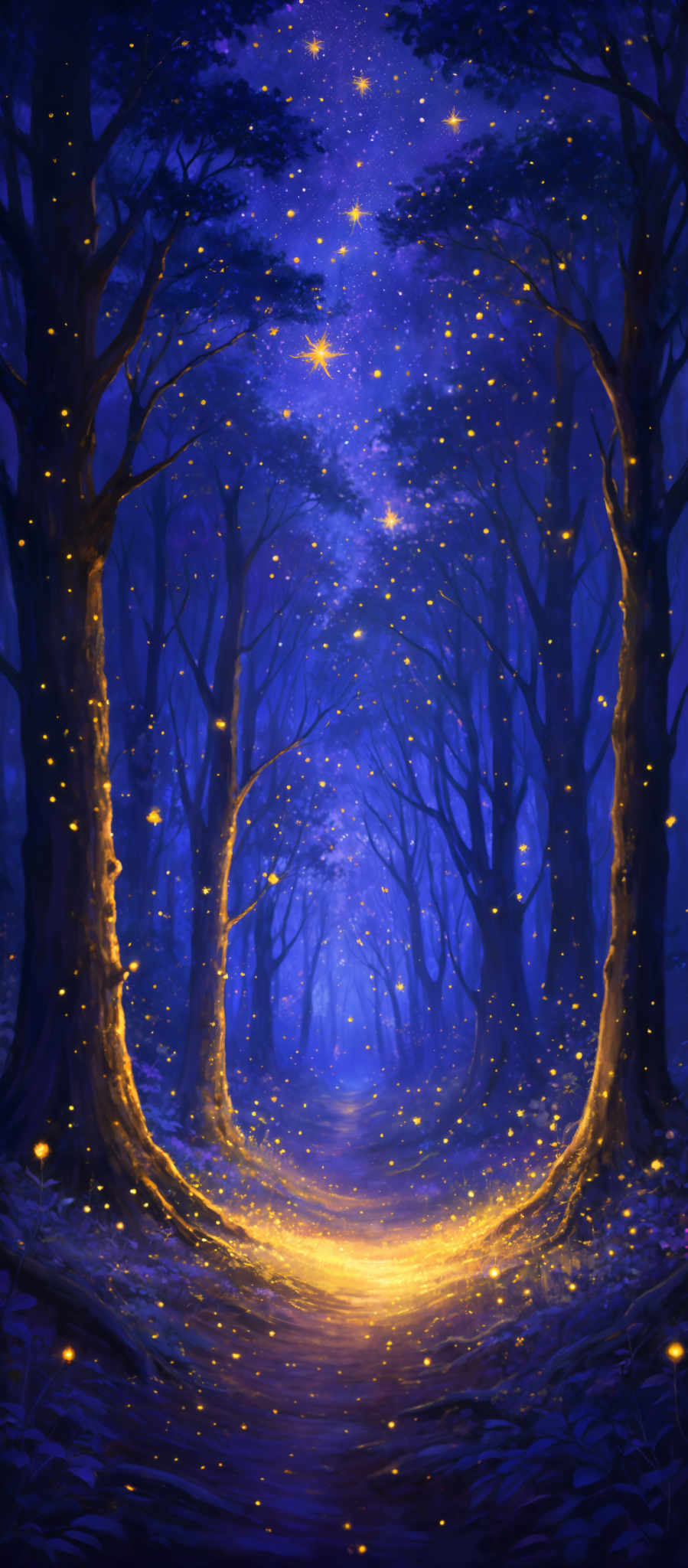 The image showcases a mesmerizing night scene in a forest. The dominant colors are deep blues and purples, creating a serene and mystical ambiance. The trees, with their gnarled branches, stand tall and are silhouetted against the night sky. The ground is covered with fallen leaves and small flowers, and a pathway leads through the forest. Above, numerous glowing stars and fireflies add to the magical atmosphere, illuminating the path and creating a contrast with the dark surroundings.