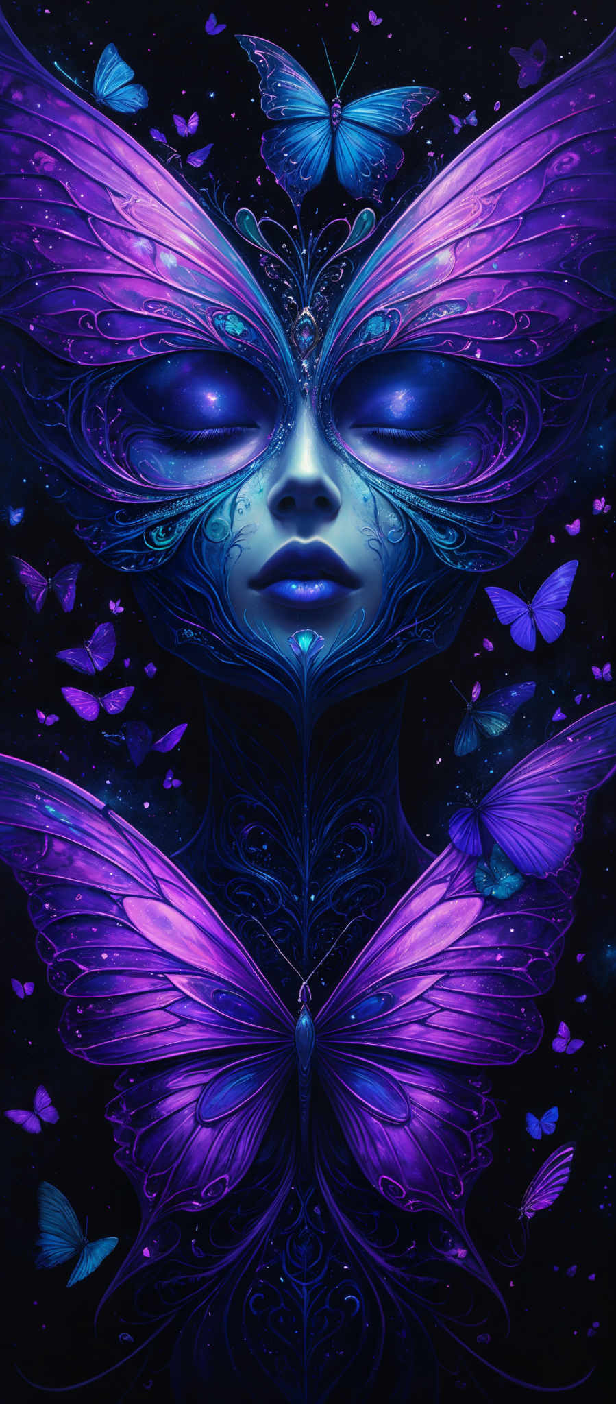 The image showcases a stunning and intricate artwork. It predominantly features shades of purple, blue, and black. The central figure appears to be a face with butterfly wings extending from the top of the head. The eyes are closed, and the face is adorned with intricate patterns and designs. Surrounding the face are various butterflies in different sizes and colors, all set against a dark background. The overall theme seems to be mystical and ethereal, with the butterfliers and the central figure exuding a sense of tranquility and beauty.