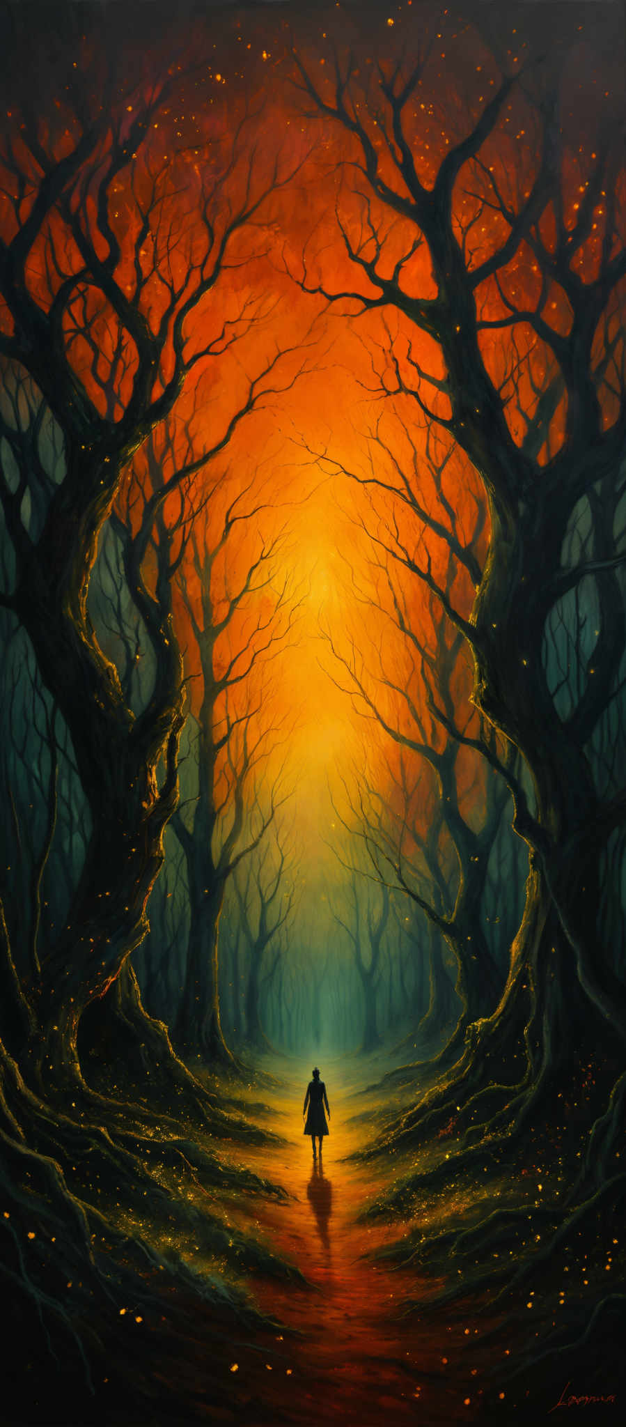 The image showcases a surreal and mystical forest with twisted, gnarled trees that seem to be reaching upwards. The sky is ablaze with a fiery orange and red hue, suggesting either a sunset or a fierce blaze. The ground is covered in a reflective, shimmering substance, possibly water or a magical essence, that mirrors the trees and the sky. A solitary figure stands in the center of the path, adding a sense of scale and mystery to the scene. The entire atmosphere is enchanting, with a blend of danger and wonder.