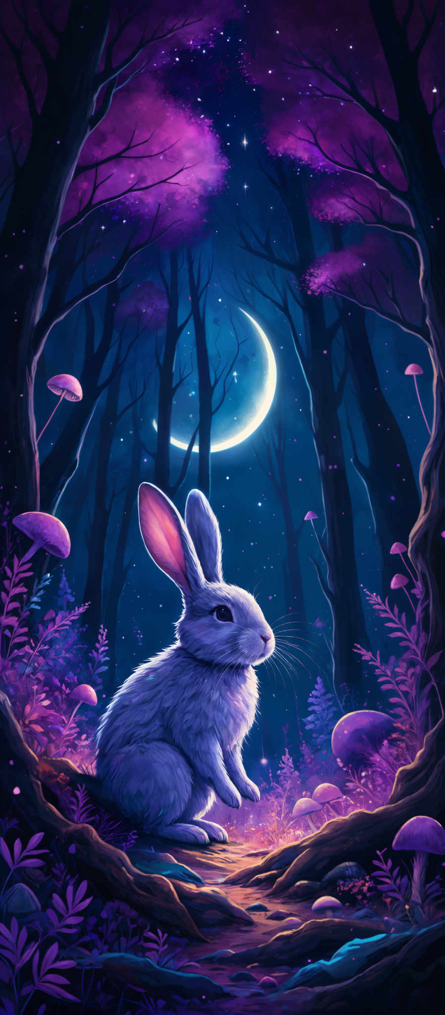 The image showcases a vibrant and mystical forest scene at night. Dominated by shades of purple and blue, the forest is illuminated by a crescent moon and scattered stars. The trees have twisted and gnarled branches, creating an archway that frames the central figure. In the foreground, a large rabbit with a gentle gaze sits amidst a sea of colorful mushrooms and ferns. The ground is dotted with luminescent blue flowers, and the overall ambiance is serene and magical.