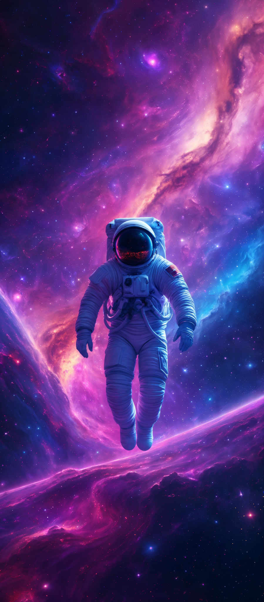 The image showcases a vibrant cosmic scene with swirling nebulae in hues of purple, pink, and blue. A lone astronaut floats in the foreground, donning a white spacesuit with a reflective visor. The visor displays a reflection of a fiery, reddish celestial body. The vastness of space is filled with distant stars, and the overall ambiance is one of wonder and exploration.