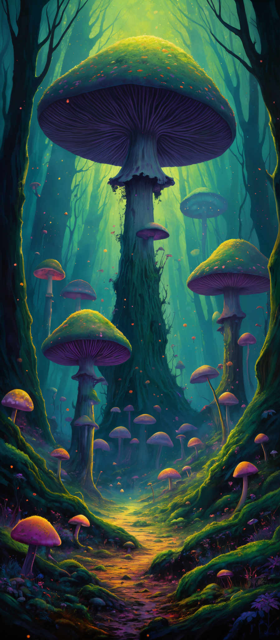 The image showcases a vibrant and mystical forest scene dominated by large, oversized mushrooms. The mushroom caps are a rich shade of purple with glowing yellowish-green undersides. These mushrooms are surrounded by smaller ones, all varying in size and color. The forest floor is covered in a lush green moss, and there are small glow-like particles scattered throughout, giving the scene an ethereal quality. The trees in the background are tall and twisted, their branches reaching out in various directions. The entire scene is bathed in a soft, greenish-blue light, creating a dreamy and enchanting atmosphere.