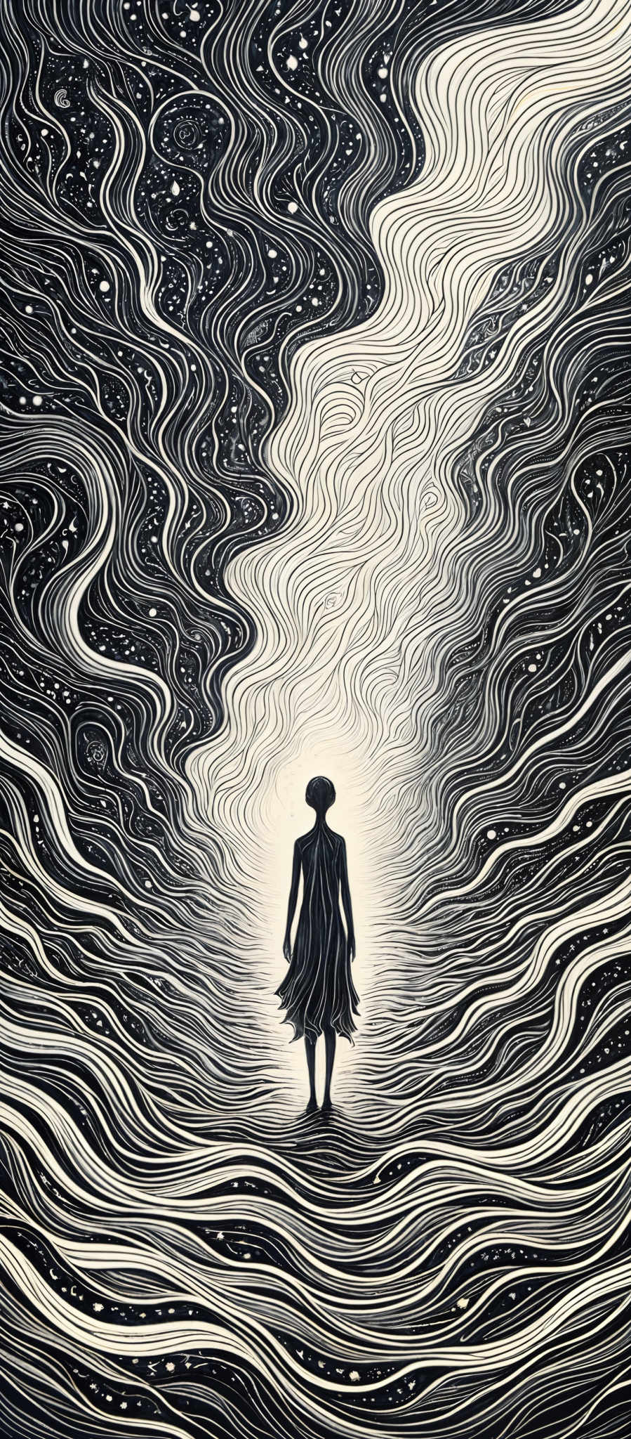 The image predominantly features a monochromatic palette of black and white. It showcases intricate patterns of swirling lines that resemble flowing water or perhaps even the universe's vastness. These patterns converge towards a central point where a silhouette of a person stands, seemingly immersed in the surrounding patterns. The person appears to be gazing upwards, possibly lost in thought or wonderment. The overall mood of the image is one of mystery, introspection, and awe.