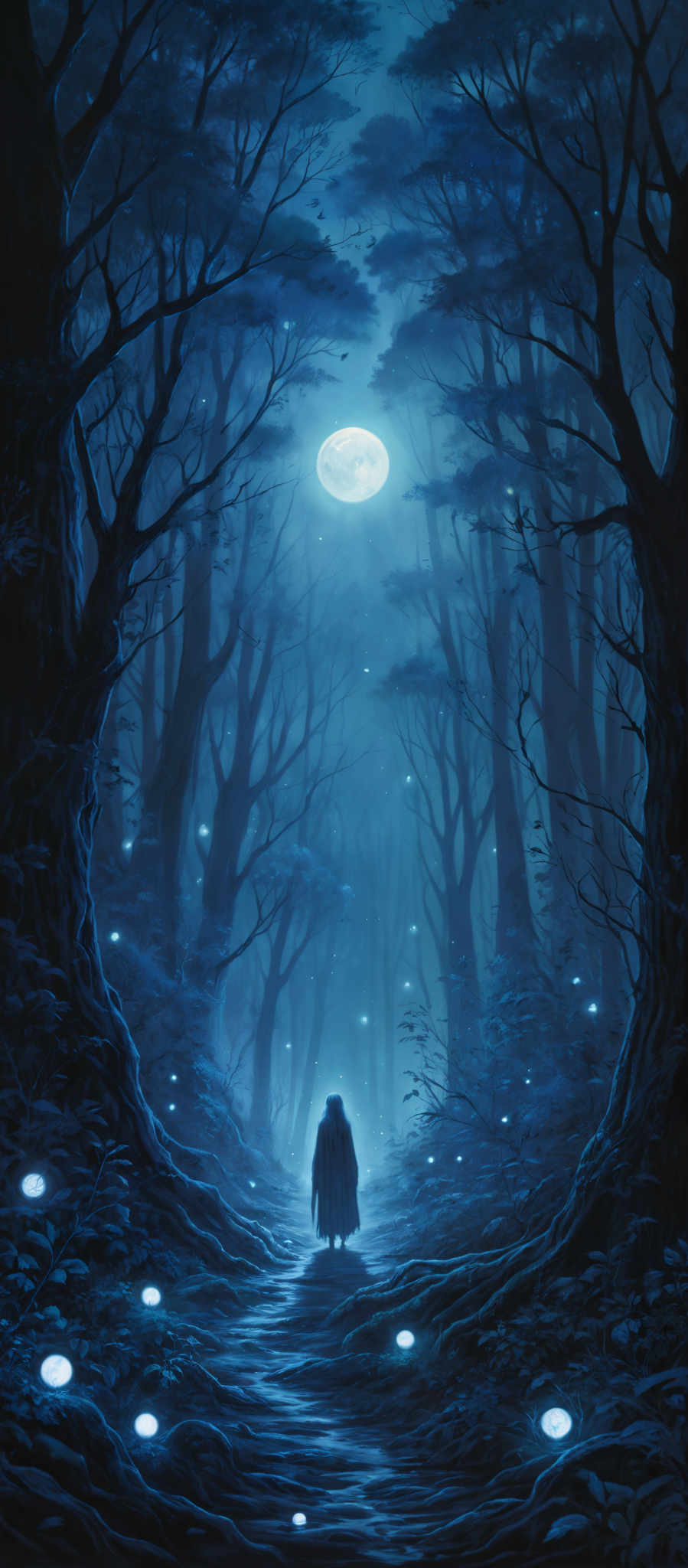 The image predominantly features shades of blue and white. The trees have a dark, almost black hue, contrasting with the bright blue of the sky and the moon. The moon itself is a pale, almost white circle, emitting a soft glow that illuminates the surrounding forest. The ground is covered with leaves and there are glowing orbs scattered throughout, adding a mystical touch to the scene. A solitary figure stands in the center, facing the moon, adding to the sense of wonder and mystery.