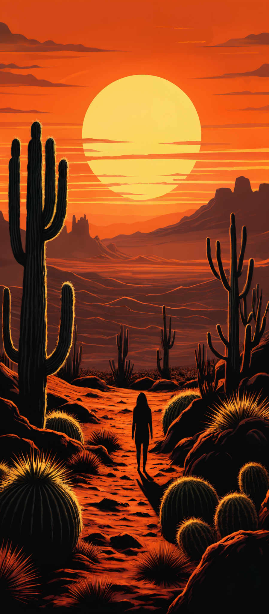 The image predominantly features warm and vibrant colors. The sky is painted in shades of orange and red, with the sun appearing as a large, bright yellow circle. The desert landscape is filled with various cacti, some tall and others short, with distinct patterns on their arms. There are also barrel cactii with a unique spiral shape. The ground is covered in red sand, and there are patches of green grass. In the distance, there are silhouettes of rock formations and mountains. A lone figure is seen walking towards the sun, casting a long shadow on the ground.