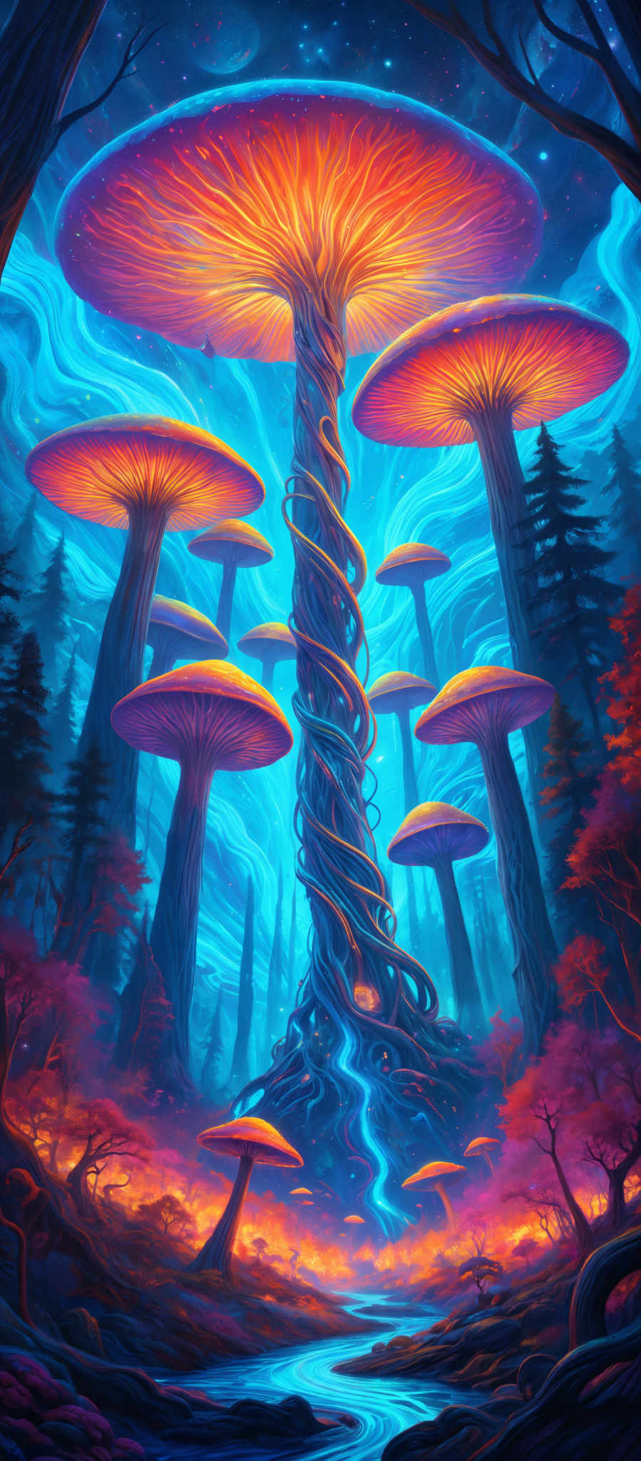 The image showcases a vibrant and surreal landscape dominated by large, luminescent mushrooms. The mushroom caps are a radiant shade of orange with glowing edges, while the stems are intricately twisted and intertwined, resembling tree trunks. The background is a mesmerizing blend of deep blues and turquoise, suggesting a night sky or an otherworldly atmosphere. There are smaller mushrooms scattered throughout, and a serene river flows at the bottom, reflecting the colors of the surroundings. The forest surrounding the mushromes is depicted in shades of red, pink, and purple, adding to the dreamlike ambiance of the scene.