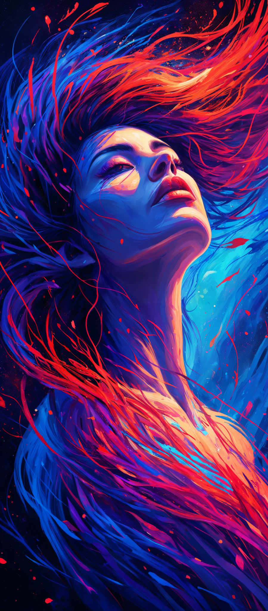 The image showcases a vibrant and colorful portrayal of a woman's face and hair. The predominant colors are shades of blue, red, and purple. The woman' s hair flows dynamically, intertwined with swirling patterns of these colors, giving it an ethereal and fluid appearance. The background is dark, accentuating the bright hues of the subject. Her eyes are closed, and her face is tilted upwards, suggesting a sense of serenity or perhaps being lost in a dream.