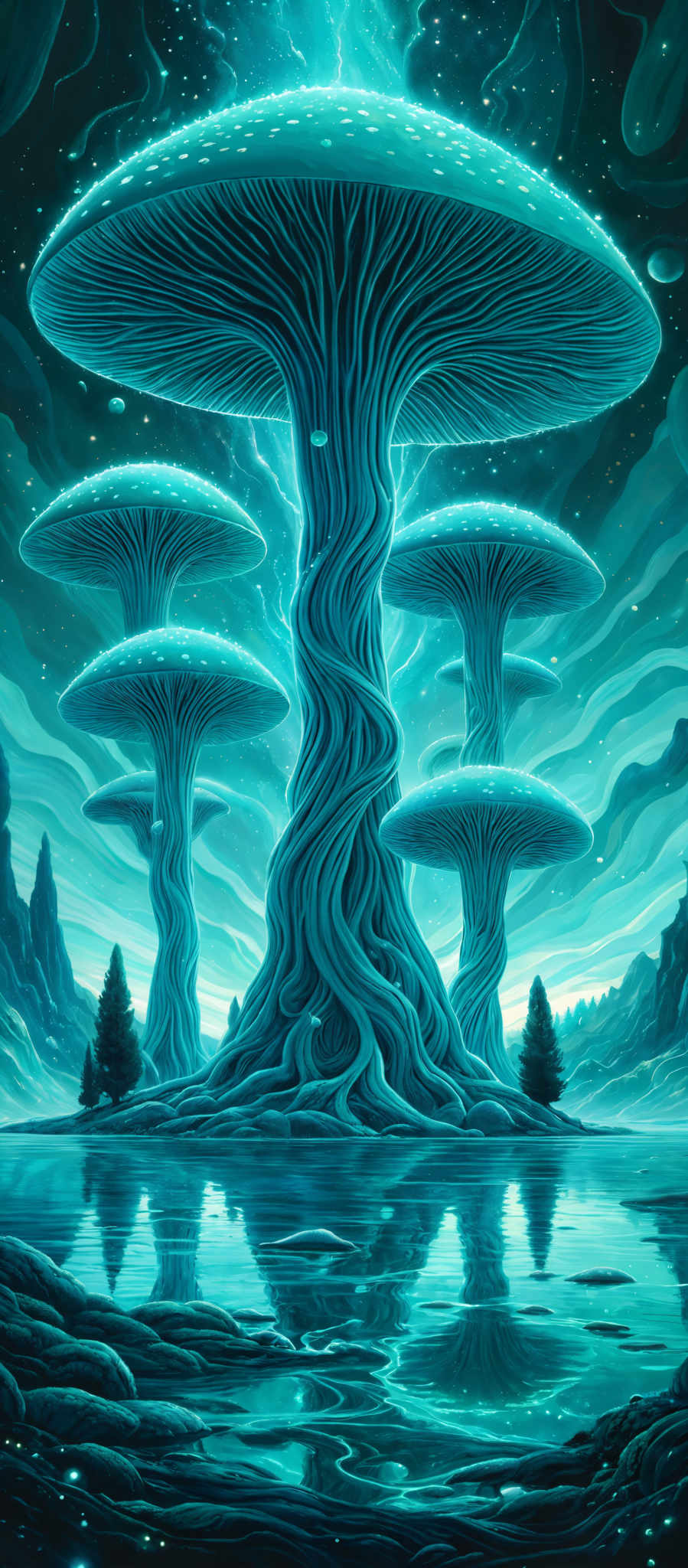 The image showcases a surreal landscape dominated by gigantic mushrooms. These mushroom structures have intricate patterns and are illuminated with a luminescent blue glow. The caps of the mushrooms are speckled with small white dots, giving them a starry appearance. The stems of the plants are winding and intertwined, creating a sense of depth and complexity. The background is a swirling mix of deep blues and turquoise, with hints of lighter shades, possibly representing a night sky or an otherworldly atmosphere. There are also small white specks scattered throughout, which could be interpreted as stars or distant celestial bodies.