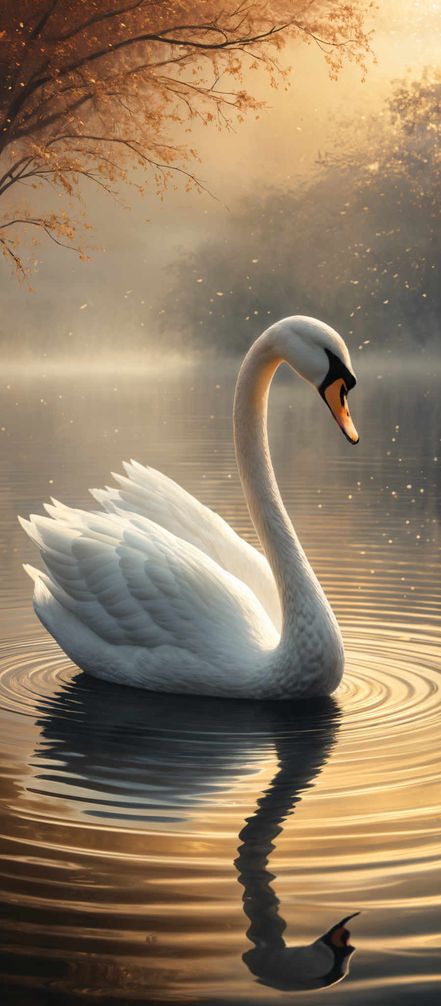 The image showcases a serene setting with a swan gracefully floating on calm waters. The swan is predominantly white with a black neck and a bright orange beak. Its reflection can be seen on the water's surface. Above the swan, there's a tree with golden-yellow leaves, possibly indicating an autumn setting. The background is slightly misty, giving the scene a dreamy and tranquil ambiance.