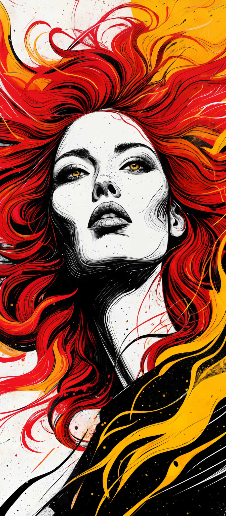 The image showcases a vividly illustrated portrait of a woman with striking red hair that flows wildly around her. The background is a mix of white, black, and splashes of yellow, giving an impression of fiery energy. The woman's face is predominantly white, with deep black lines and shading, emphasizing her features. Her eyes are a captivating shade of yellow and are looking upwards. The overall artwork exudes a sense of dynamism and intensity.