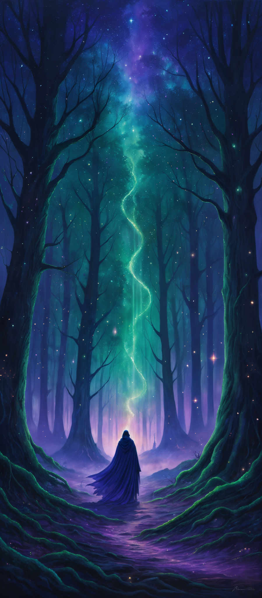 The image showcases a mystical forest with tall, slender trees that have gnarled branches. The sky above is a deep shade of blue, transitioning to a lighter hue, and is dotted with stars. A vibrant, ethereal green and blue light spirals upwards from the center, illuminating the forest. The ground is covered with a mix of green and purple hues, possibly representing moss or some other vegetation. In the foreground, there's a silhouette of a person, possibly a wizard or a mage, standing with their back to the viewer, facing the light. The person's cape flows behind them, adding to the magical ambiance of the scene.