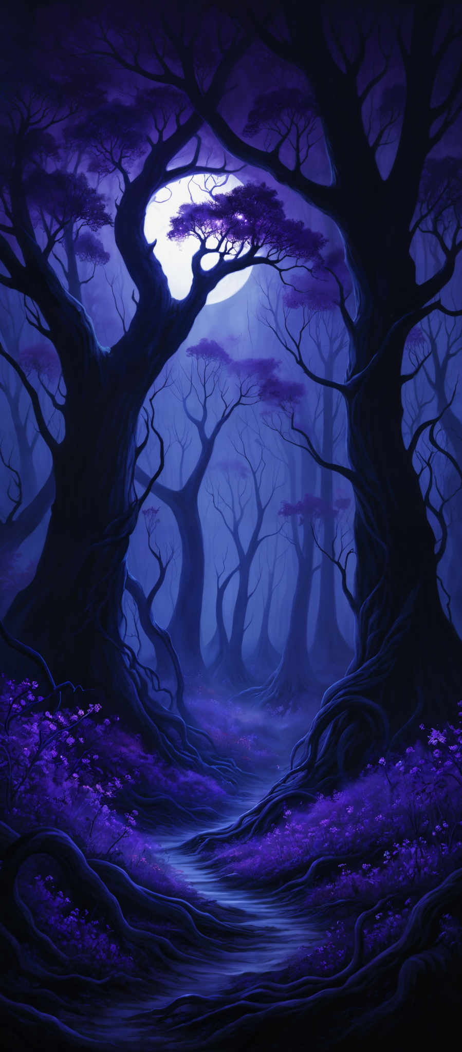 The image predominantly features shades of purple and blue. The trees have twisted and gnarled branches, and their trunks are dark, almost black. The ground is covered in purple flowers and foliage, which contrasts with the darker tones of the tree trunks. A soft, glowing light, possibly from the moon or a similar celestial body, filters through the trees, casting a gentle illumination on the scene. The overall ambiance is mystical and serene.