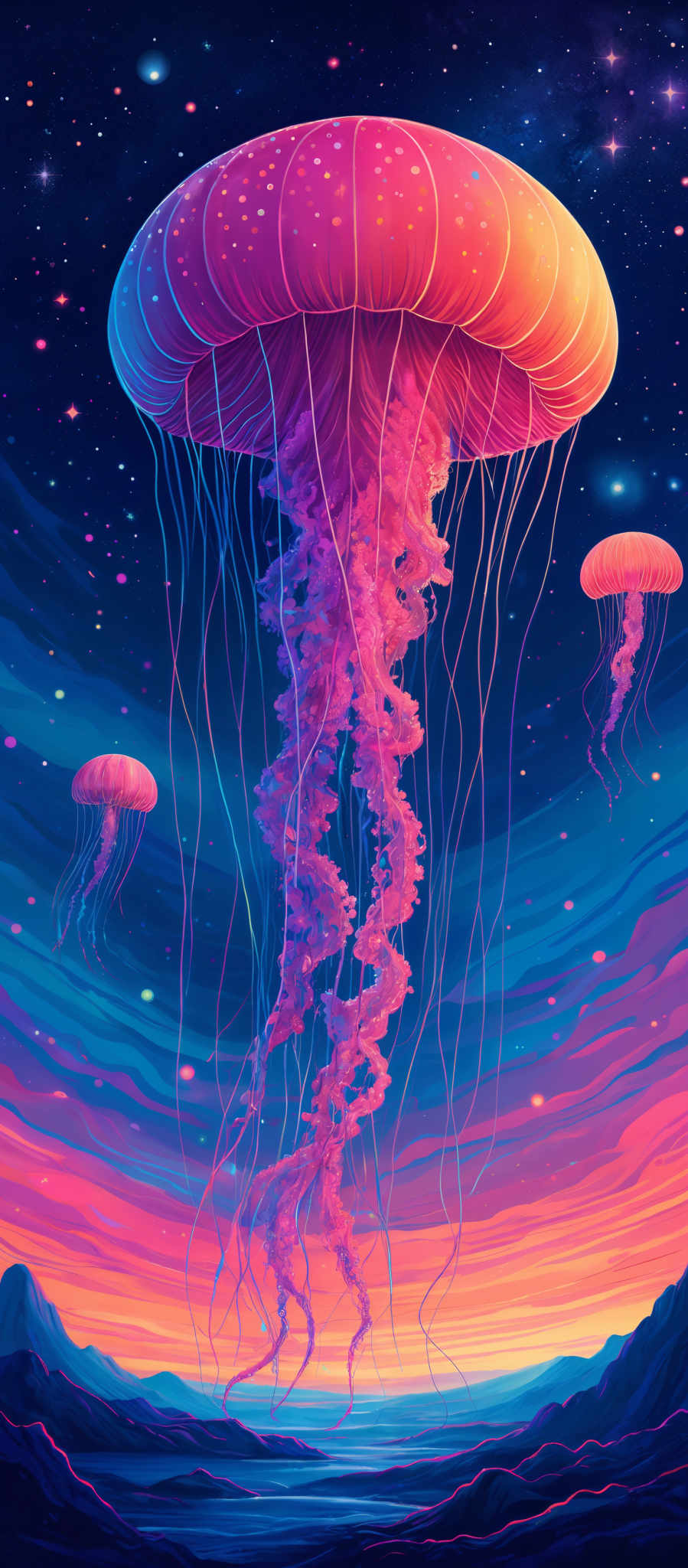 The image showcases a vibrant and surreal scene. At the top, there's a large jellyfish with a translucent, dome-shaped bell and long, delicate tentacles. The bell is adorned with small, luminescent dots. Below the jelly fish, there are smaller versions of the same creature floating in the space-like environment. The background is a deep blue, resembling a night sky, dotted with bright stars and celestial bodies. The horizon reveals a landscape with mountains and a body of water reflecting the colors of the sky. The entire scene is bathed in a mix of pink, blue, and purple hues, creating a dreamy and ethereal atmosphere.