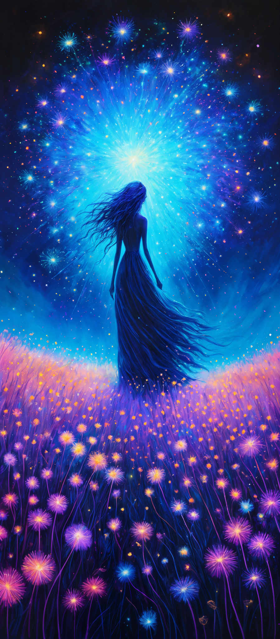 The image showcases a vibrant and ethereal scene. The dominant colors are shades of blue, purple, and pink, creating a dreamy and mystical atmosphere. The central figure is a silhouette of a woman with flowing hair, standing amidst a field of luminescent flowers. Above her, a radiant burst of light emanates, resembling a starry night sky or perhaps a cosmic event. The flowers around her glow with a soft luminescence, and the entire scene is bathed in a surreal, otherworldly glow.