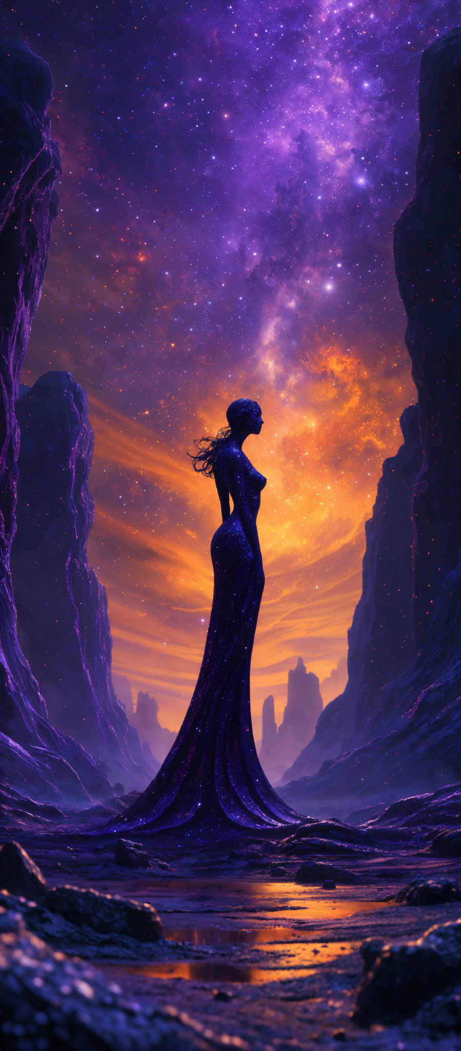 The image showcases a vast cosmic landscape with a vibrant mix of colors. Dominating the sky is a deep purple hue interspersed with bright white stars and a nebulous formation. The ground is rugged with jagged rock formations, and there's a body of water reflecting the celestial beauty above. In the foreground, a silhouette of a female figure stands, draped in a flowing gown that seems to merge with the surrounding environment. Her posture suggests contemplation or admiration of the universe.