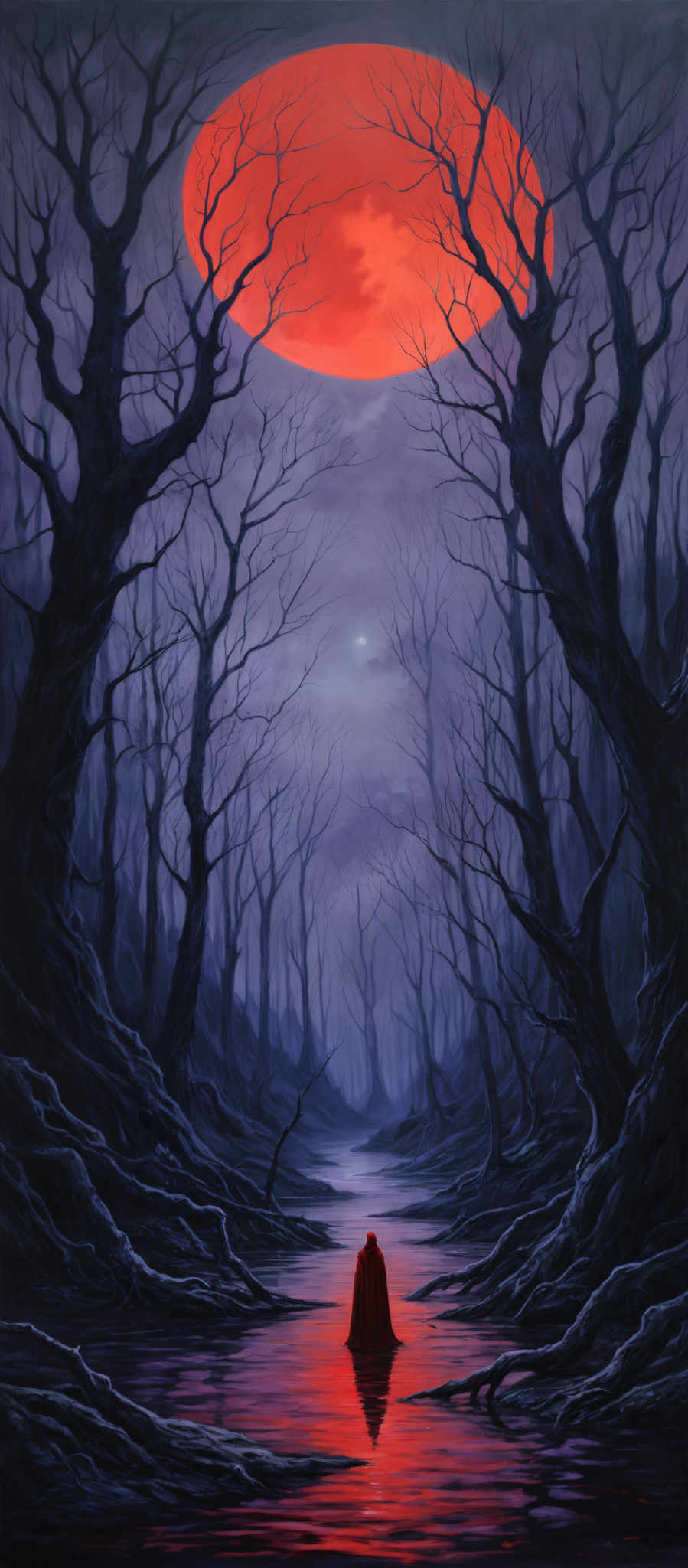 The image predominantly features a deep blue and purple hue, creating a mysterious and eerie atmosphere. The sky is filled with a large, vibrant red moon, which stands out starkly against the dark backdrop. Below the moon, a dense forest of twisted, dark trees stretches out, their branches reaching out in various directions. The ground is covered with a reflective, watery surface, mirroring the trees and the moon. A solitary figure, draped in a red cloak, stands in the center of the image, adding a touch of color and intrigue. The overall scene is both haunting and beautiful, evoking feelings of solitude and wonder.