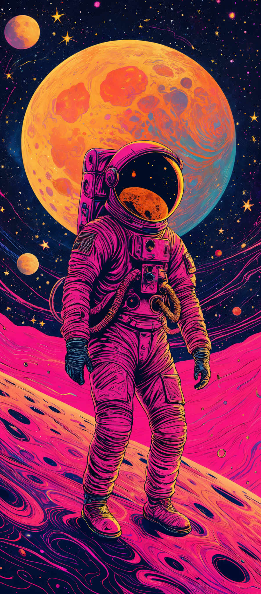 The image showcases a vibrant and colorful depiction of space. Dominating the background is a large, orange-yellow planet with visible craters. The foreground features an astronaut in a detailed spacesuit, standing on a swirling, multi-colored surface that resembles a planet's surface. The astronaut's helmet reflects the planet'a surface, and the suit is equipped with various devices and tools. The entire scene is set against a backdrop of a starry night sky with smaller celestial bodies floating around.