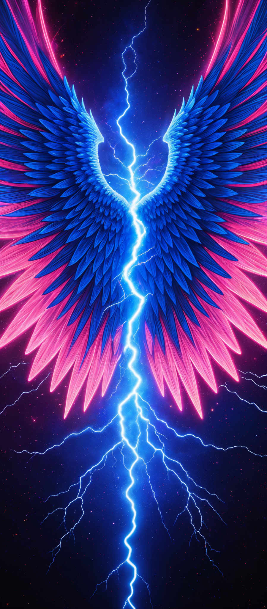 The image showcases a pair of vibrant wings spread out against a dark, starry background. The wings are a blend of deep blue and neon pink, with intricate feather details. A bright, electric lightning bolt runs vertically down the center of the wings, creating a striking contrast between the luminescent colors and the darkness of space.