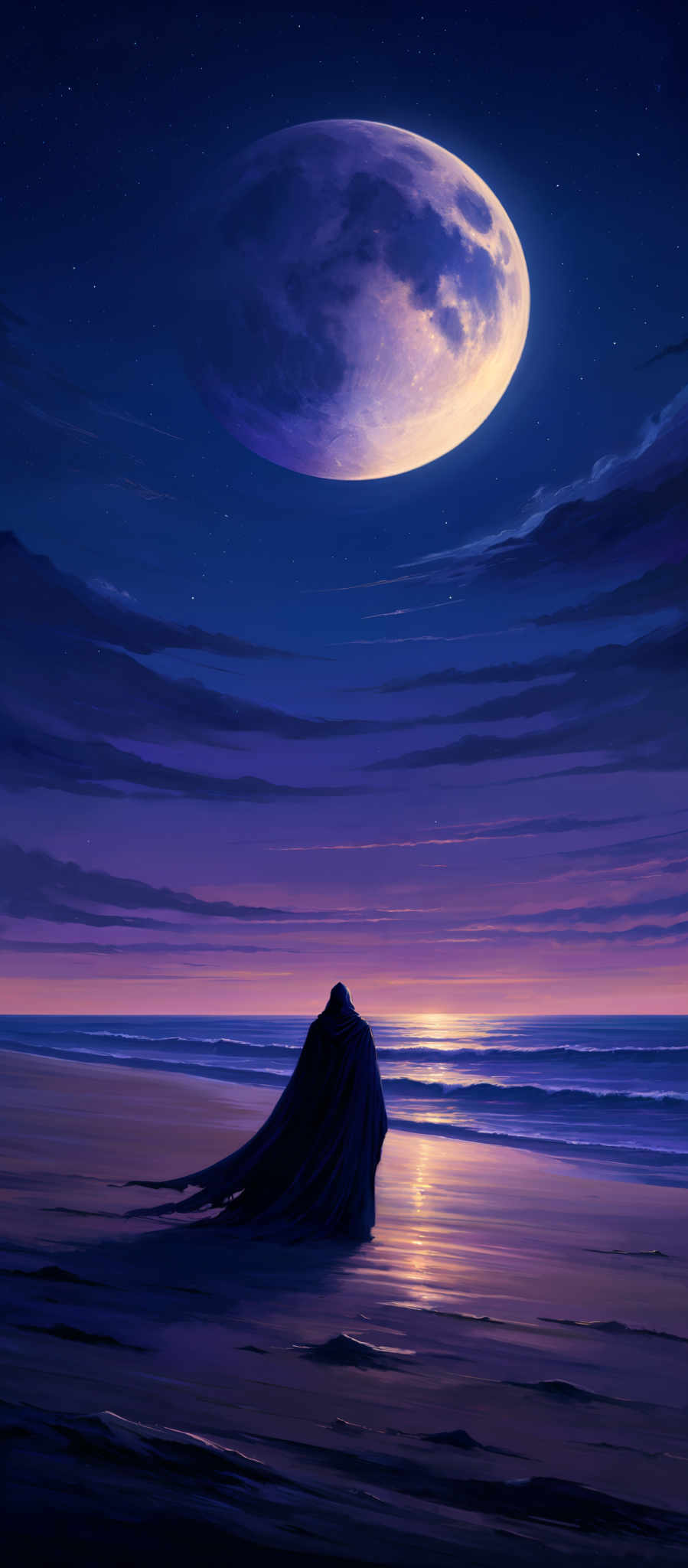 The image showcases a vast, serene beach during what appears to be dusk or dawn. The sky is dominated by deep blues and purples, with a large, luminous moon hovering above. The moon's surface displays craters and a mix of light and shadow. The horizon reveals a gradient of colors, transitioning from deep blue to a warm, golden hue, likely from the setting or rising sun. The beach itself is wet, reflecting the colors of the sky. On the right side of the image, there's a solitary figure, possibly a person, draped in a cloak or robe, standing and looking out towards the sea. The waves gently crash on the shore, and the overall atmosphere is one of tranquility and contemplation.