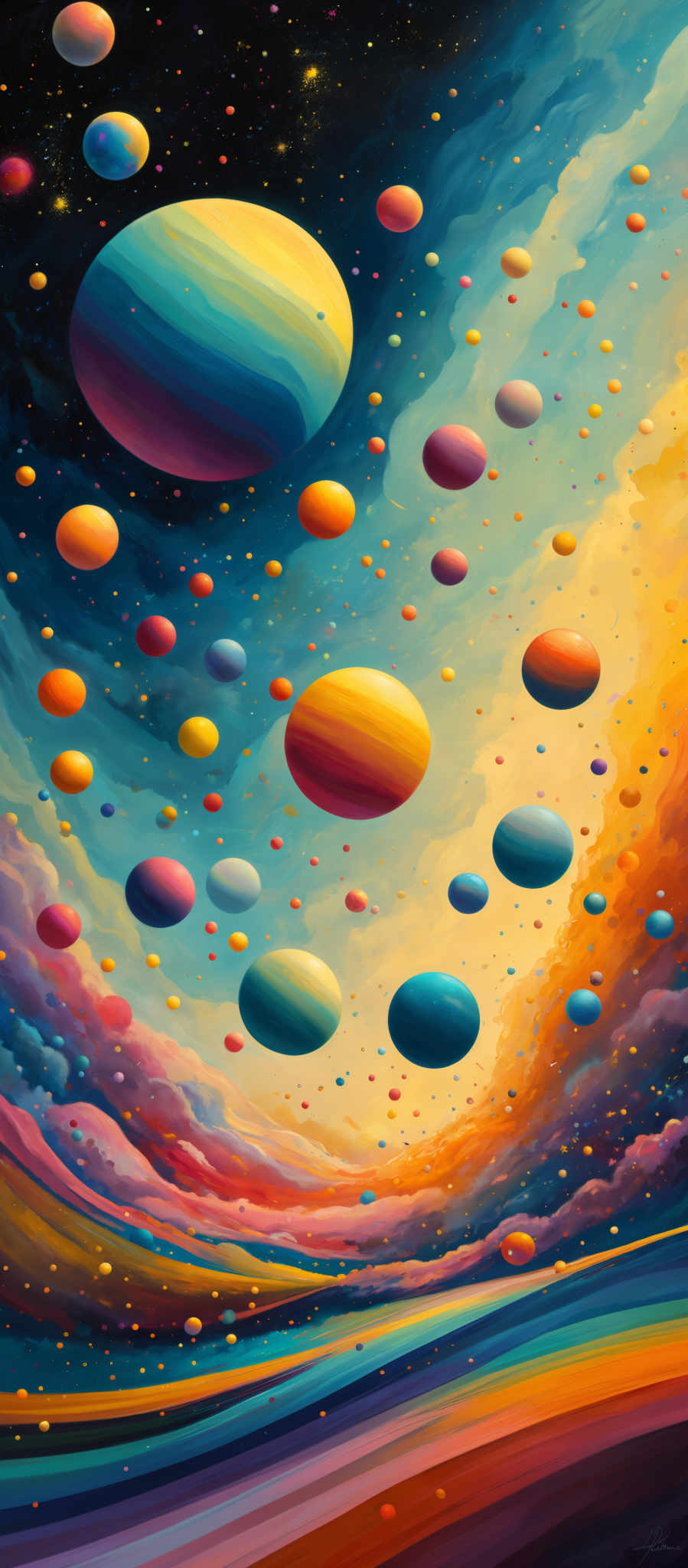 The image showcases a vibrant and colorful cosmic scene. There are various sized, multicolored orbs or planets floating in the vast expanse of space. The orbs vary in hues of blue, yellow, orange, and pink. The background is a deep blue, representing the vastness of space, dotted with numerous stars. Below the orbs, there's a swirling mixture of colors, resembling a galaxy or nebula, with hues ranging from deep purples to fiery oranges. The overall impression is one of a fantastical, otherworldly realm.