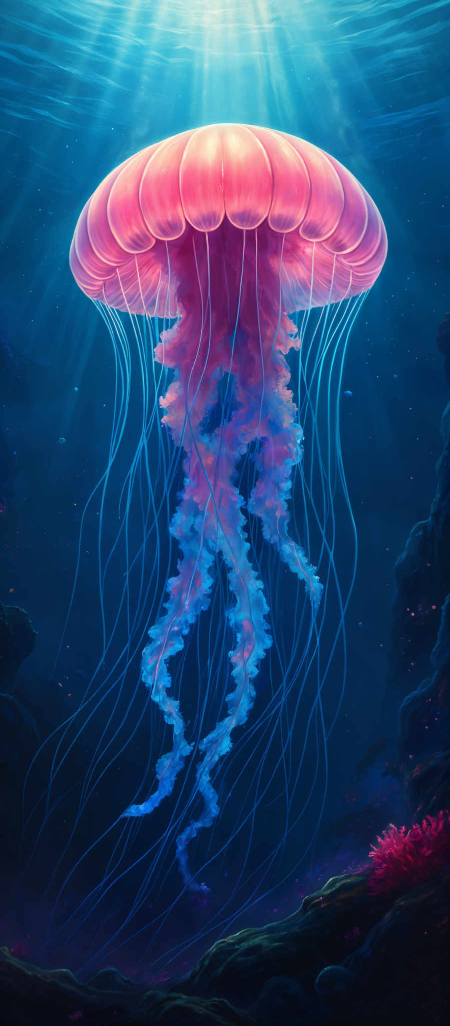 The image showcases a vibrant and mesmerizing underwater scene. Dominating the center is a large, translucent jellyfish with a pinkish hue, its delicate tentacles trailing downwards. The jelly fish is illuminated by a radiant light source from above, casting a soft glow on its surface. The surrounding water is deep blue, with tiny specks of light, possibly representing plankton or other marine life. The ocean floor is visible at the bottom, adorned with coral formations in shades of pink and purple. The entire scene is bathed in a dreamy, ethereal light, creating a sense of wonder and tranquility.