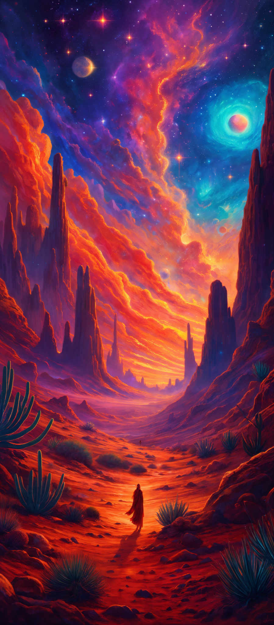 The image showcases a vibrant and colorful landscape. The sky is dominated by hues of purple, blue, and orange, with swirling clouds and celestial bodies like planets and stars. The ground is a mix of reds and oranges, reminiscent of a desert or canyon. There are tall rock formations, some of which are illuminated by the setting or rising sun. The foreground features a lone figure, possibly a traveler, standing and looking at the vastness of the scene. The landscape is also dotted with cacti and other desert vegetation.