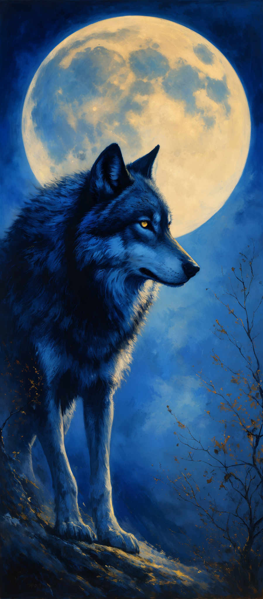 The image predominantly features shades of blue and white. The moon is depicted as a large, glowing, yellowish orb set against a deep blue sky. The wolf is shown in profile, with its dark fur contrasting against the lighter background. The creature's eyes are a striking shade of yellow, and it appears to be standing on a rocky terrain with sparse vegetation.