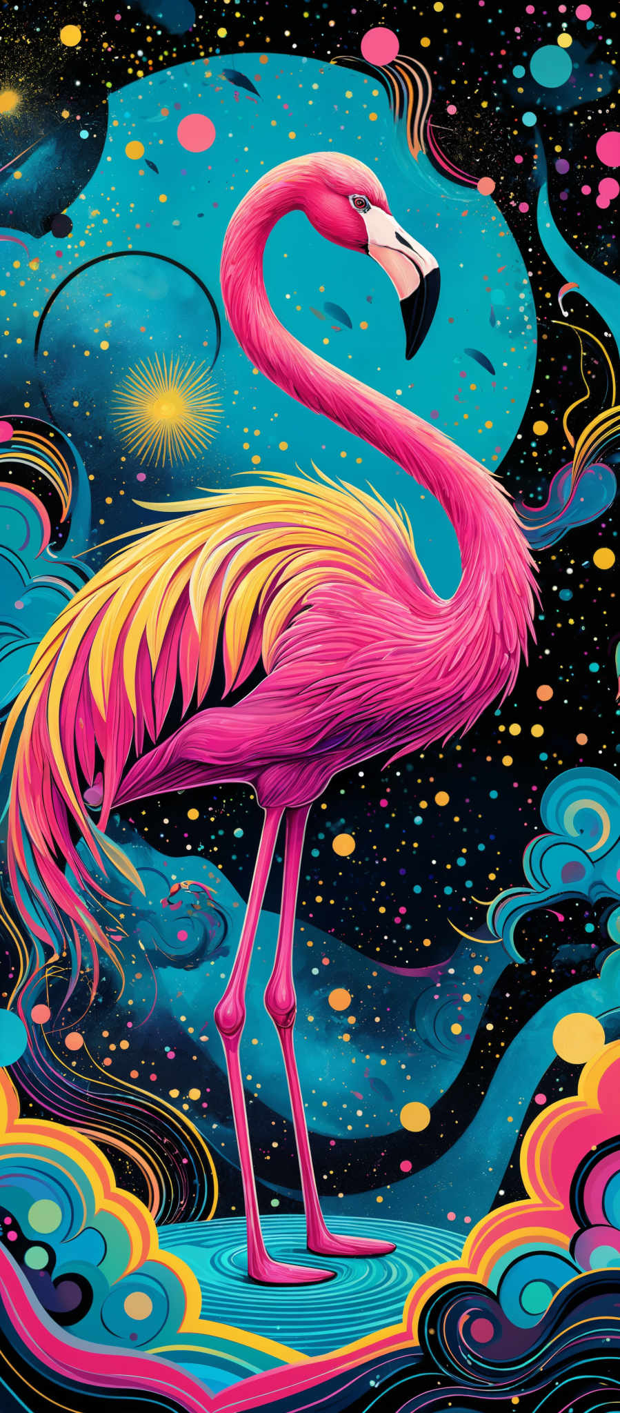 The image showcases a vibrant and colorful depiction of a flamingo. The flamingos are painted in shades of pink and yellow, with intricate feather details. The background is a cosmic scene with swirling patterns, vivid colors, and a myriad of celestial objects like stars, planets, and nebulae. The overall composition is a blend of surrealism and nature, creating a dreamy and otherworldly atmosphere.