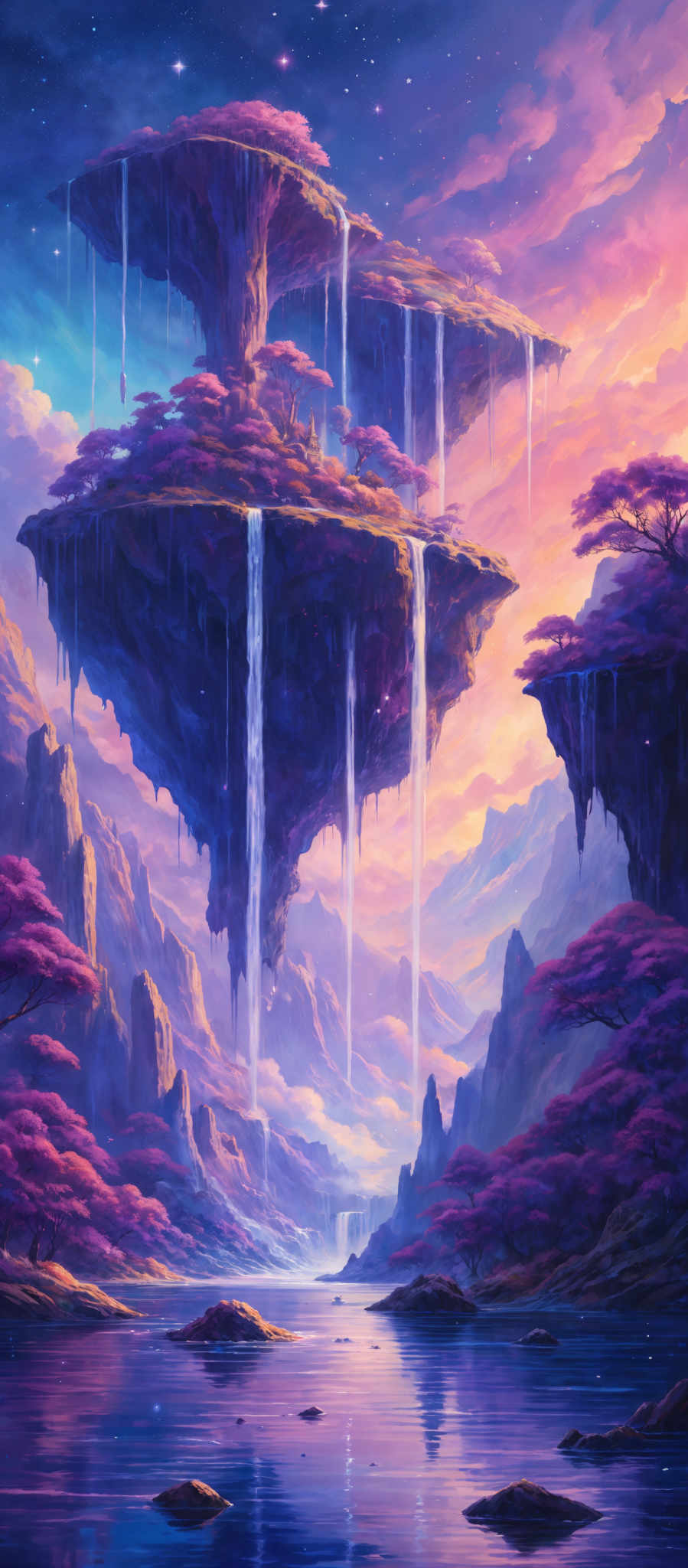 The image showcases a surreal landscape with floating islands in the sky. These islands have lush greenery and waterfalls cascading down their sides. The sky is painted in hues of purple, blue, and pink, with a few stars visible. Below the islands, there's a serene body of water reflecting the colors of the sky and the islands. The landscape is adorned with trees and plants, and there are small rocks scattered in the water.