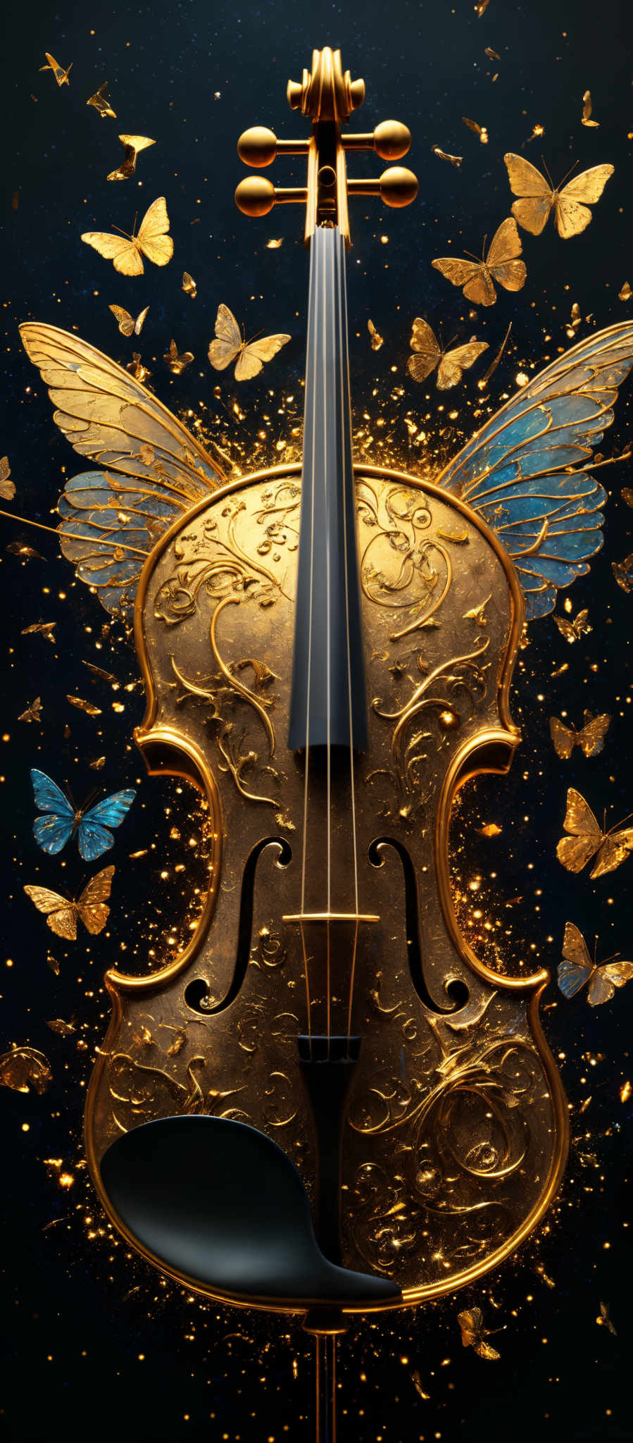 The image showcases a golden violin adorned with intricate designs. The violin has wings, suggesting a fantastical or mythical theme. The background is a deep blue, which contrasts beautifully with the golden hue of the violin. The butterflies surrounding the violins are also golden, adding to the ethereal ambiance. The intricate patterns on the violino include floral motifs and other decorative designs, giving it a regal and ornate appearance.