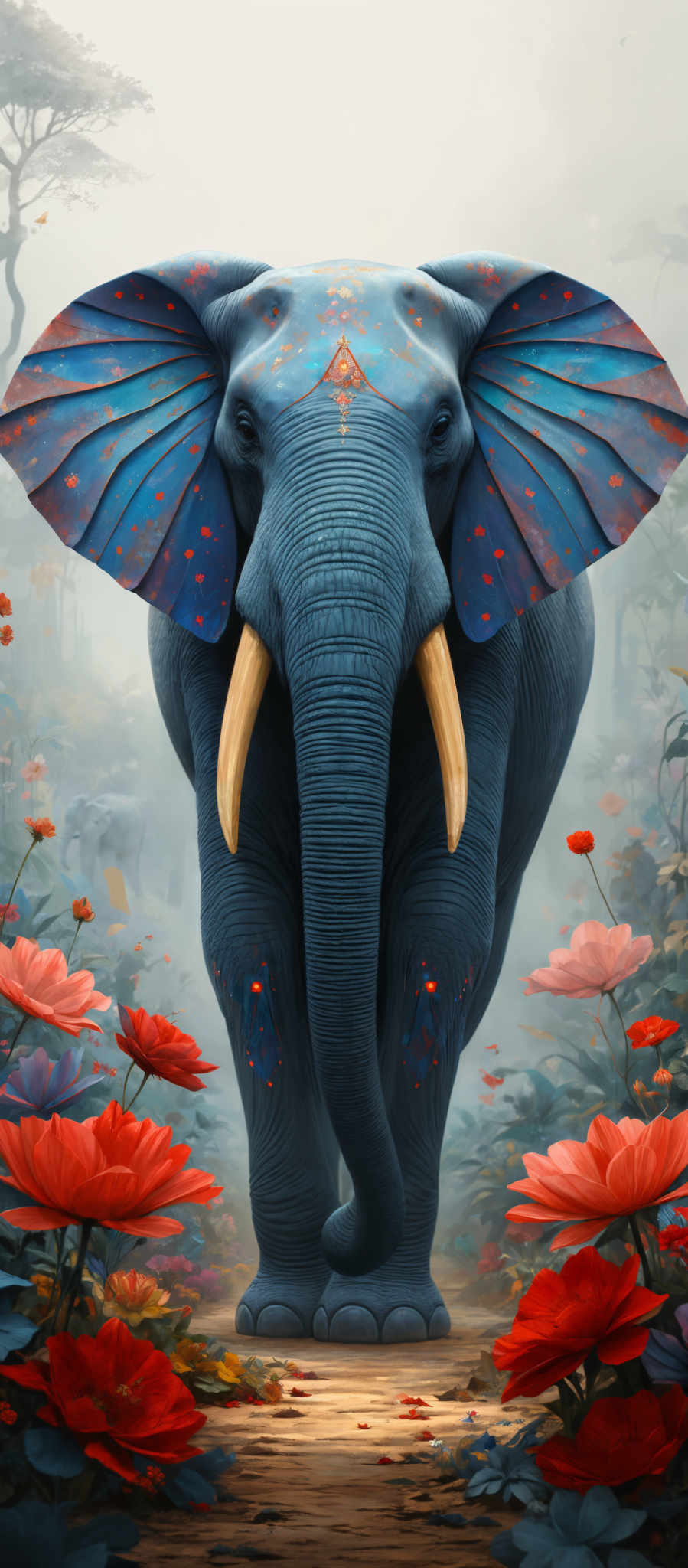 The image showcases a majestic elephant with a rich blue hue. Its ears are adorned with vibrant blue patterns, and it has golden tusks. The elephants eyes are accentuated with a golden centerpiece. The background is a serene landscape with misty trees, and the ground is filled with vivid red and orange flowers, creating a contrasting and beautiful scene.