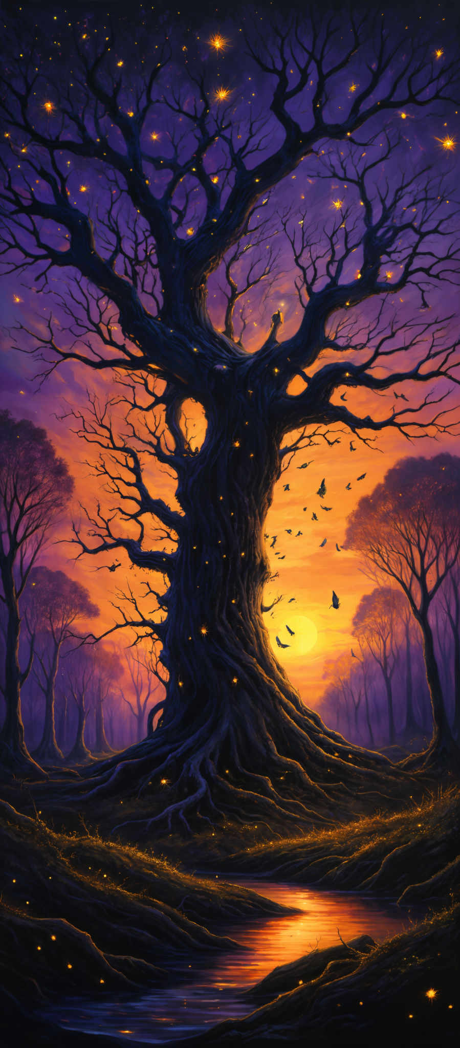 The image showcases a vibrant and mystical landscape. The dominant color palette consists of deep purples, blues, and fiery oranges and yellows. The central focus is a large, twisted tree with sprawling branches, set against a backdrop of a purple sky dotted with glowing stars. The ground is illuminated with a golden hue, reflecting the colors of the sky. A serene river flows beneath the tree, and its banks are adorned with glimmering fireflies. The horizon reveals a setting sun, casting a warm glow over the scene.