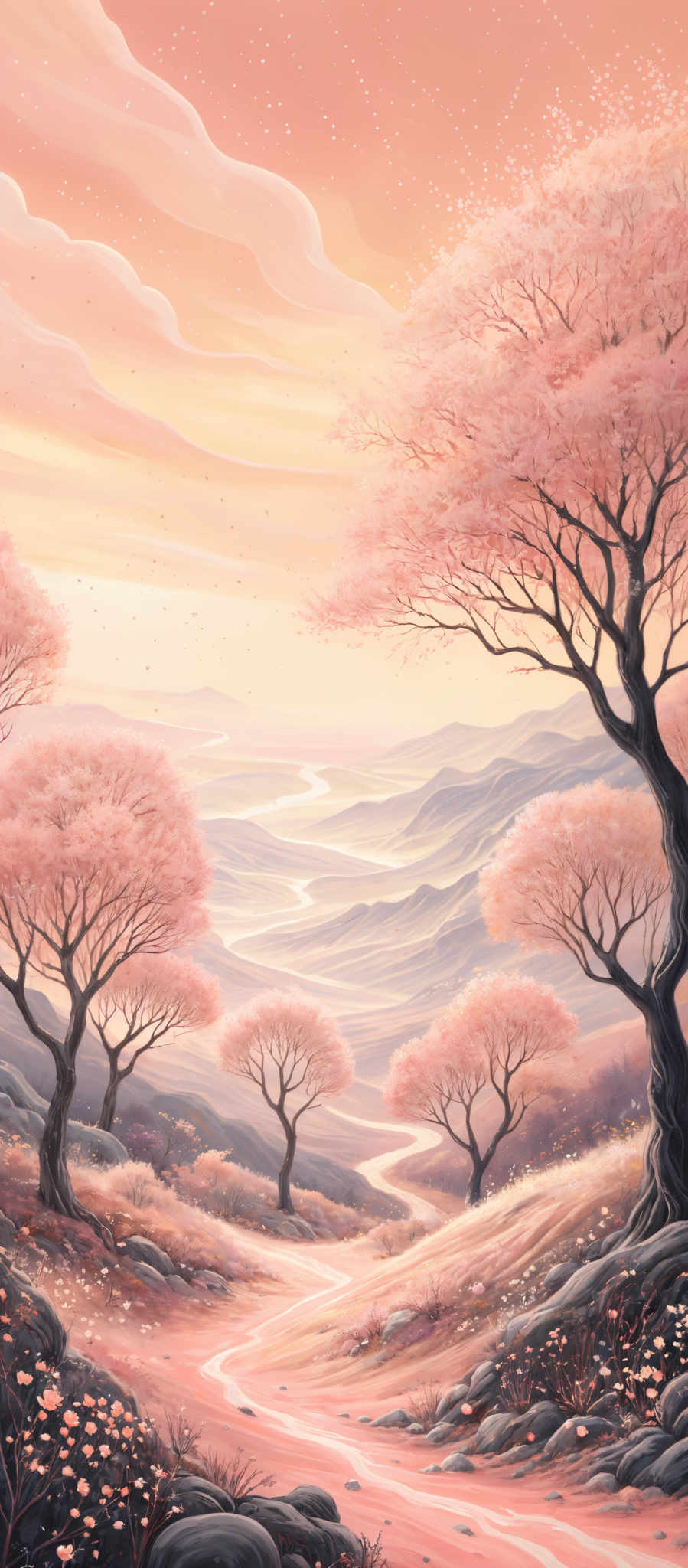 The image showcases a serene landscape dominated by soft pastel colors. The sky is painted in hues of pink and orange, with wispy clouds that seem to be floating. The ground is covered with a mixture of pebbles, rocks, and patches of grass. There are several trees with pink blossoms, possibly cherry blossom trees, that stand tall and are scattered throughout the scene. A winding path or river meanders through the landscape, reflecting the colors of the sky. The overall ambiance of the image is tranquil and dreamy.