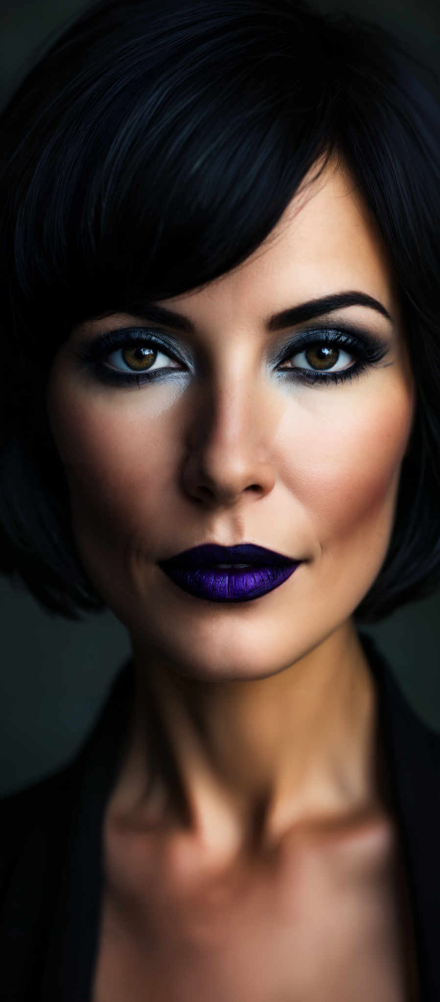 A woman with black hair and bangs is wearing a dark blue lipstick.