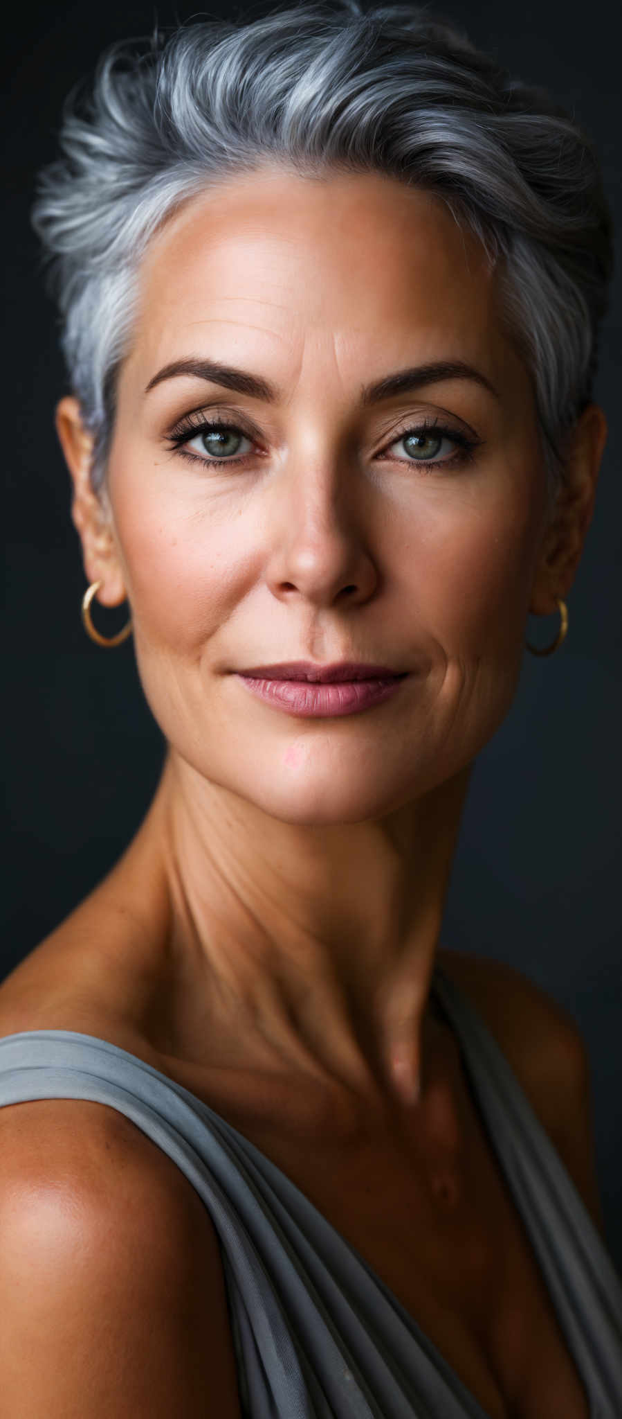 A woman with short blonde hair and gold hoop earrings. She is wearing a gray tank top.