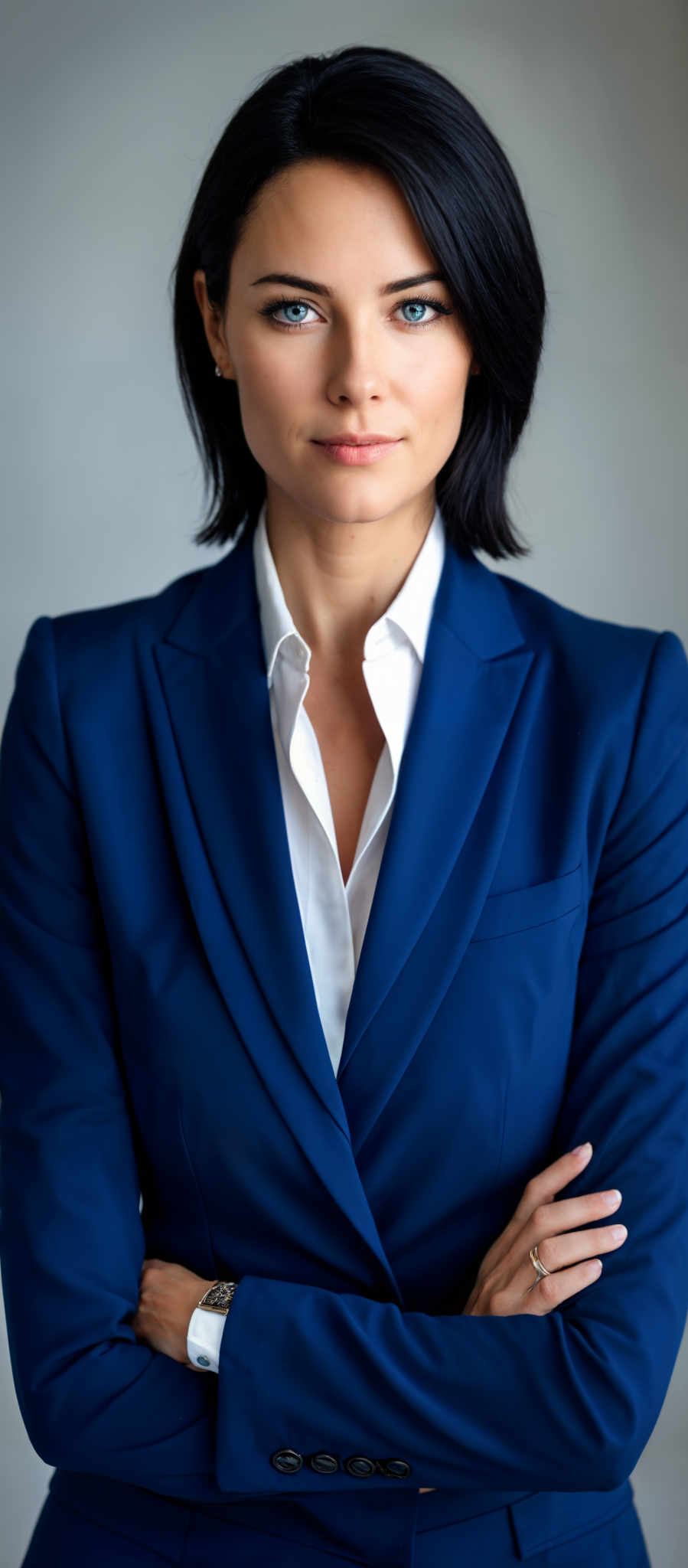 A woman wearing a blue blazer and white shirt.