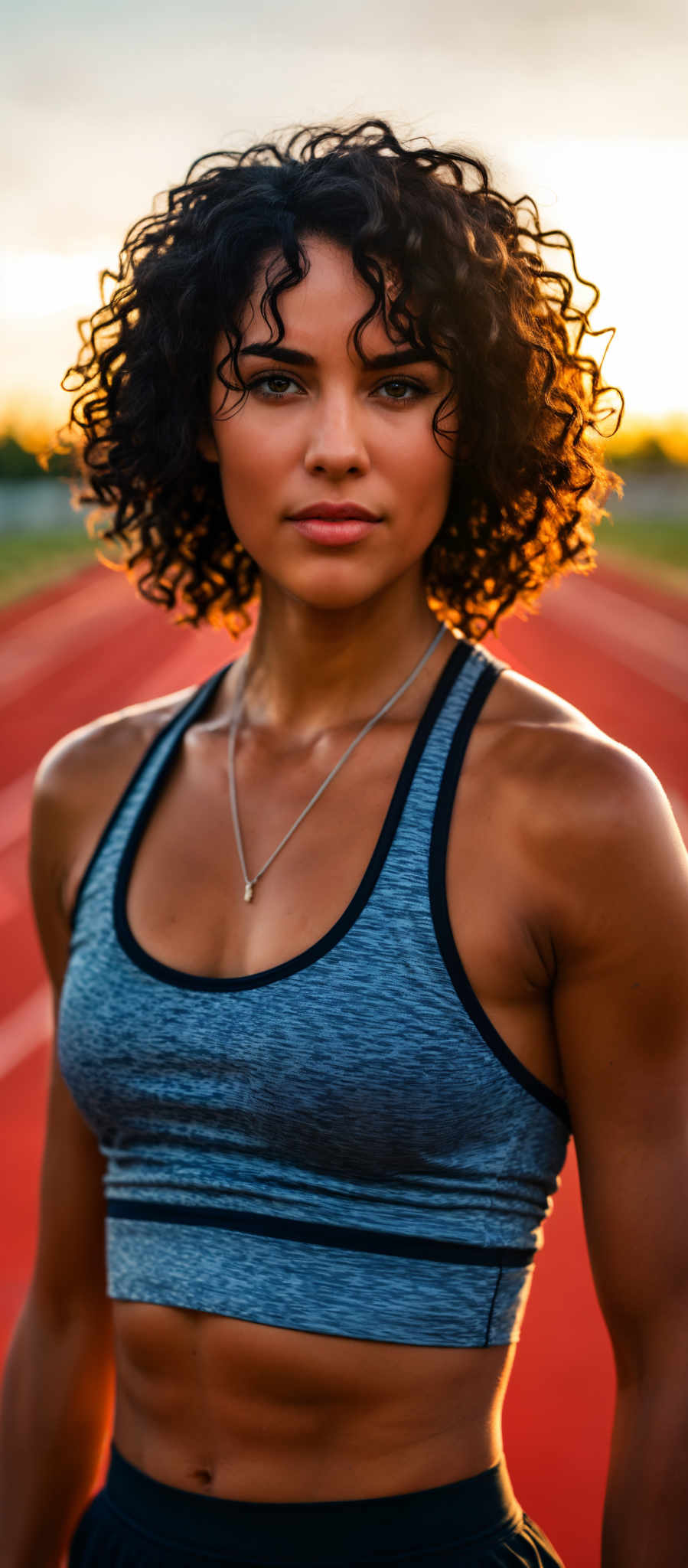 A woman with curly hair is wearing a blue tank top.