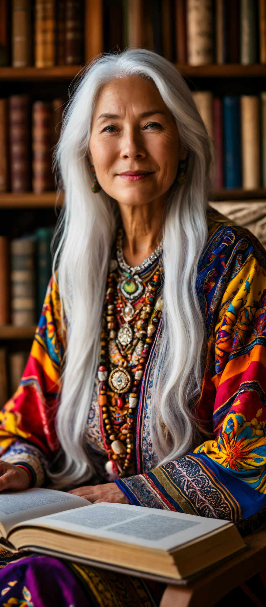 A woman with long white hair is wearing a colorful dress.