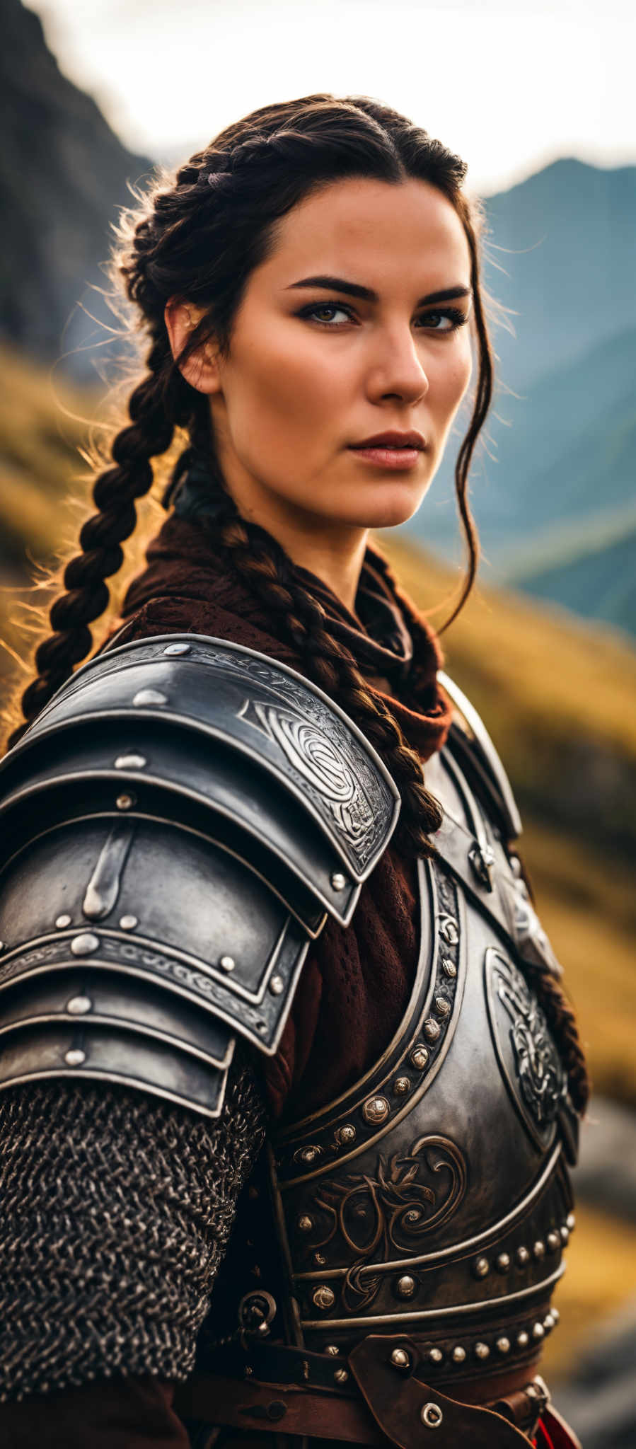 A woman in a medieval costume with a long braid. She is wearing a brown shirt and a silver breastplate. The breastplate is adorned with a Celtic knot design.